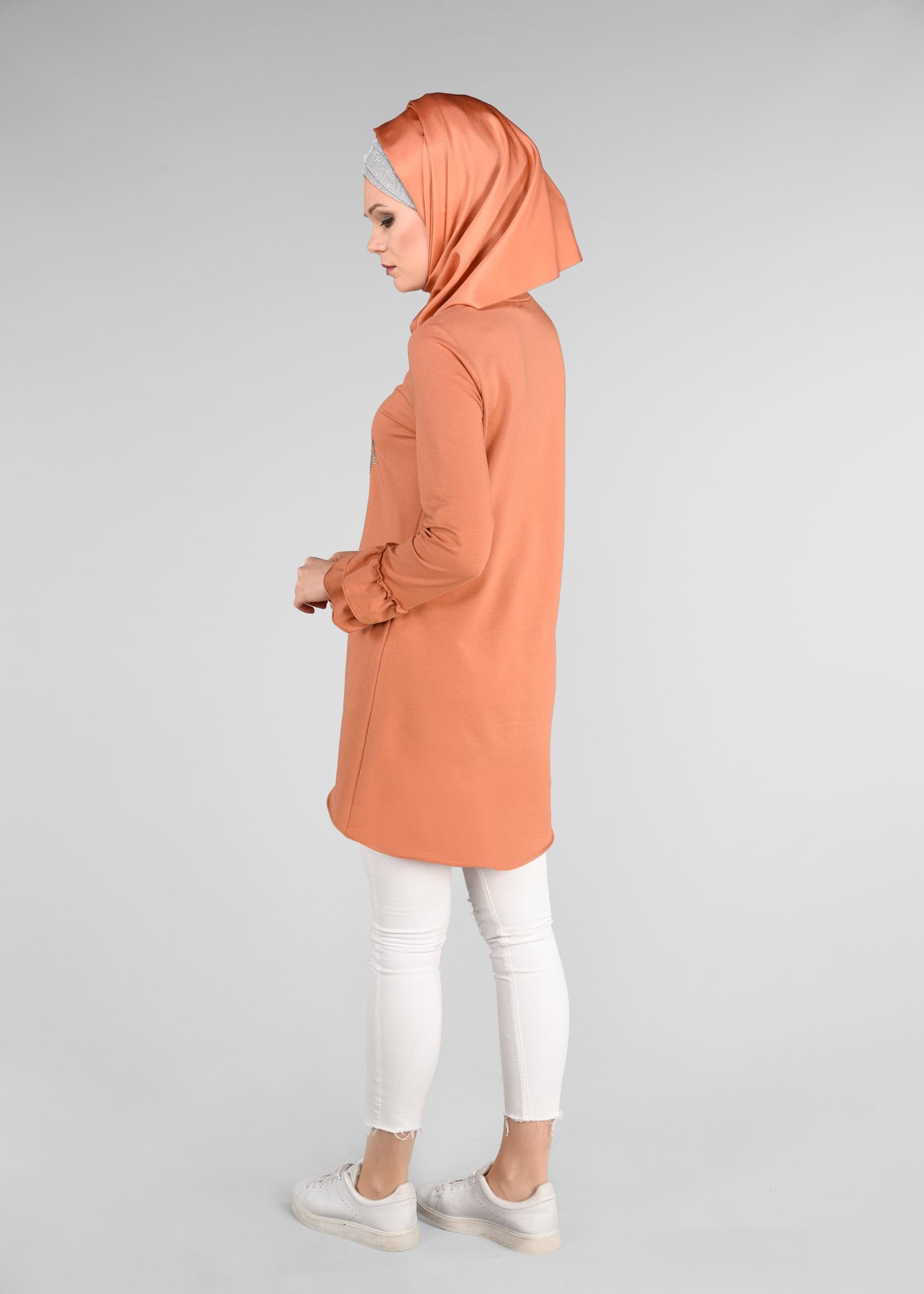 Tesettür giyim TURUNCU KOL KISMI FIRFIRLI EŞOFMAN TUNİK 4874