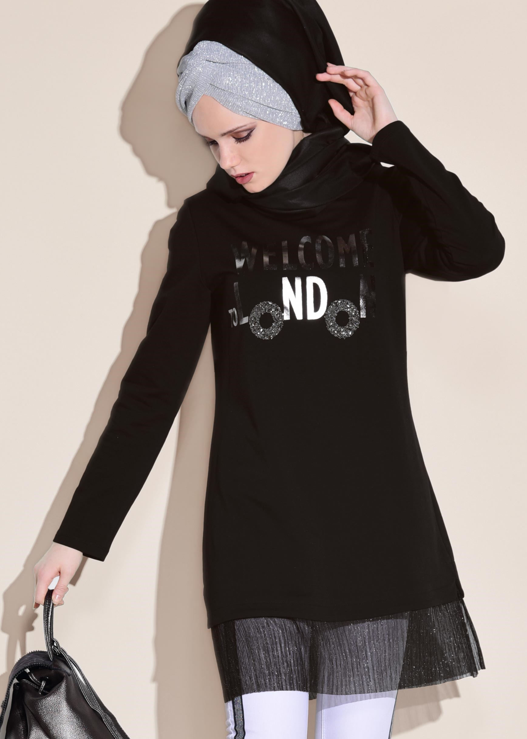 Tesettür giyim SİYAH ETEK UCU PARILTILI EŞOFMAN TUNİK 4875