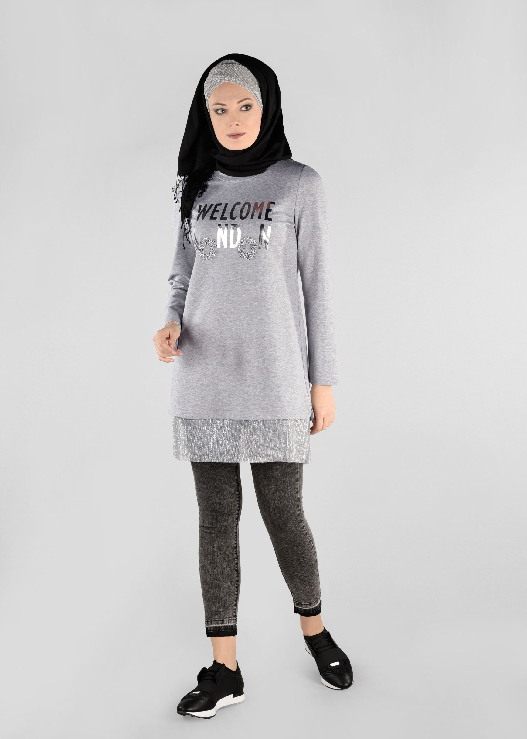 Tesettür giyim GRİ ETEK UCU PARILTILI EŞOFMAN TUNİK 4875