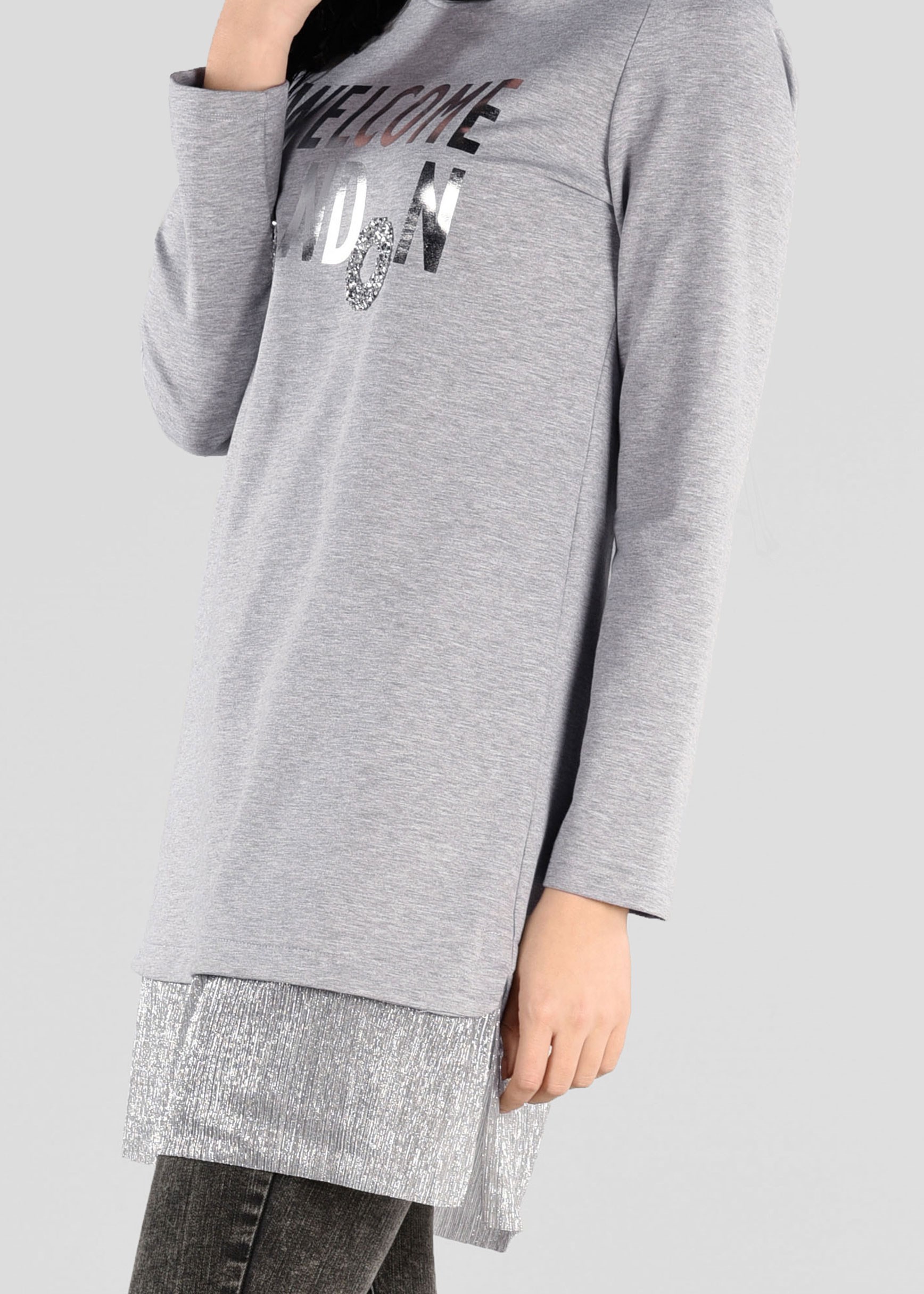 Tesettür giyim GRİ ETEK UCU PARILTILI EŞOFMAN TUNİK 4875