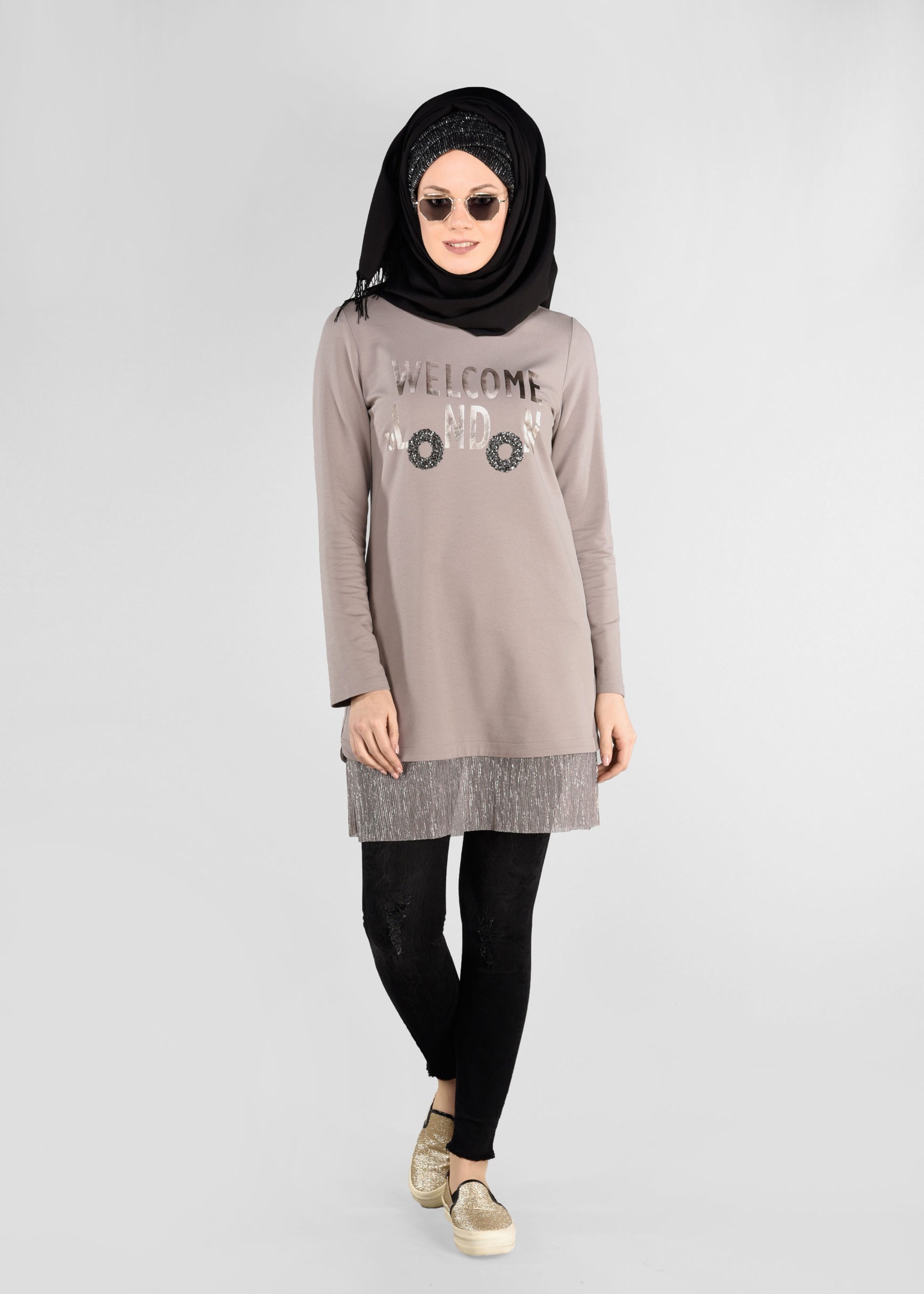 Tesettür giyim KAHVE ETEK UCU PARILTILI EŞOFMAN TUNİK 4875