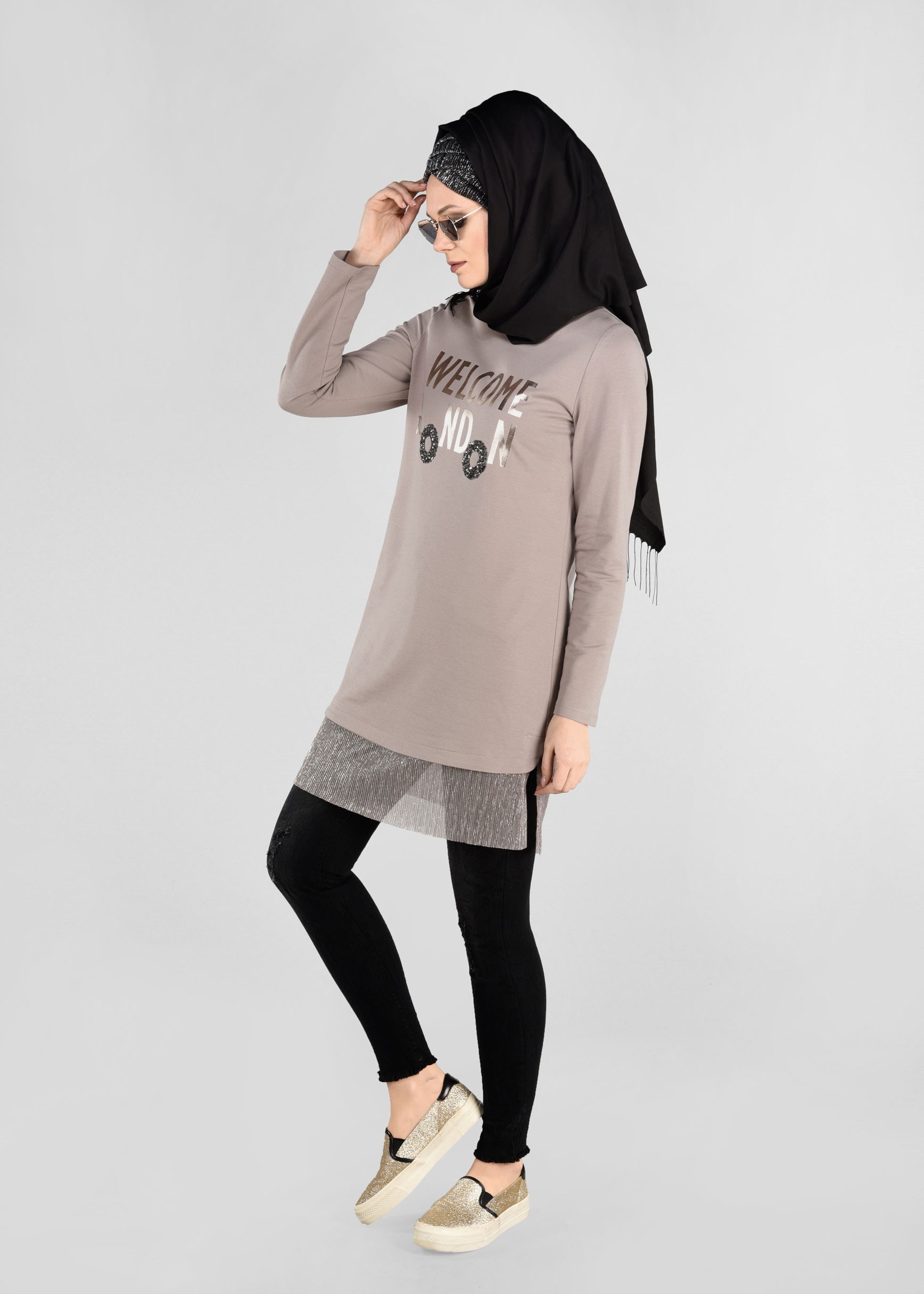 Tesettür giyim KAHVE ETEK UCU PARILTILI EŞOFMAN TUNİK 4875