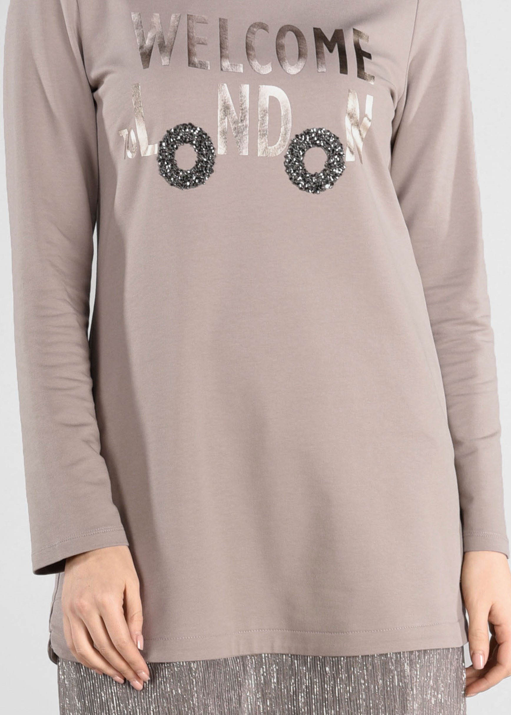 Tesettür giyim KAHVE ETEK UCU PARILTILI EŞOFMAN TUNİK 4875