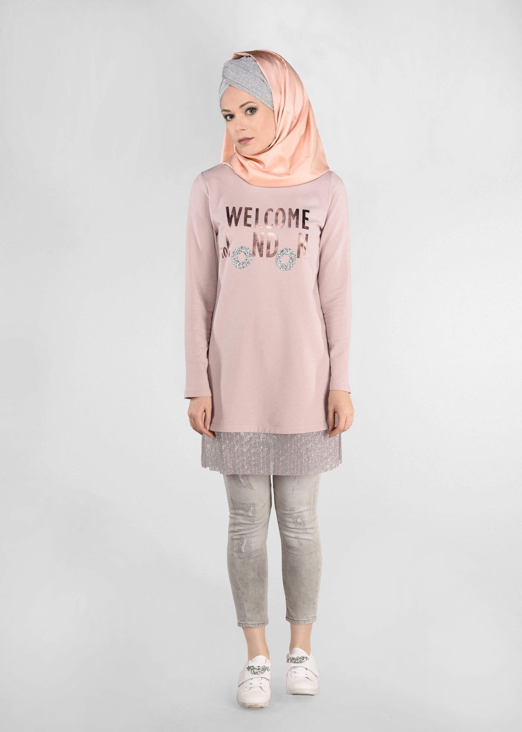 Tesettür giyim PUDRA ETEK UCU PARILTILI EŞOFMAN TUNİK 4875