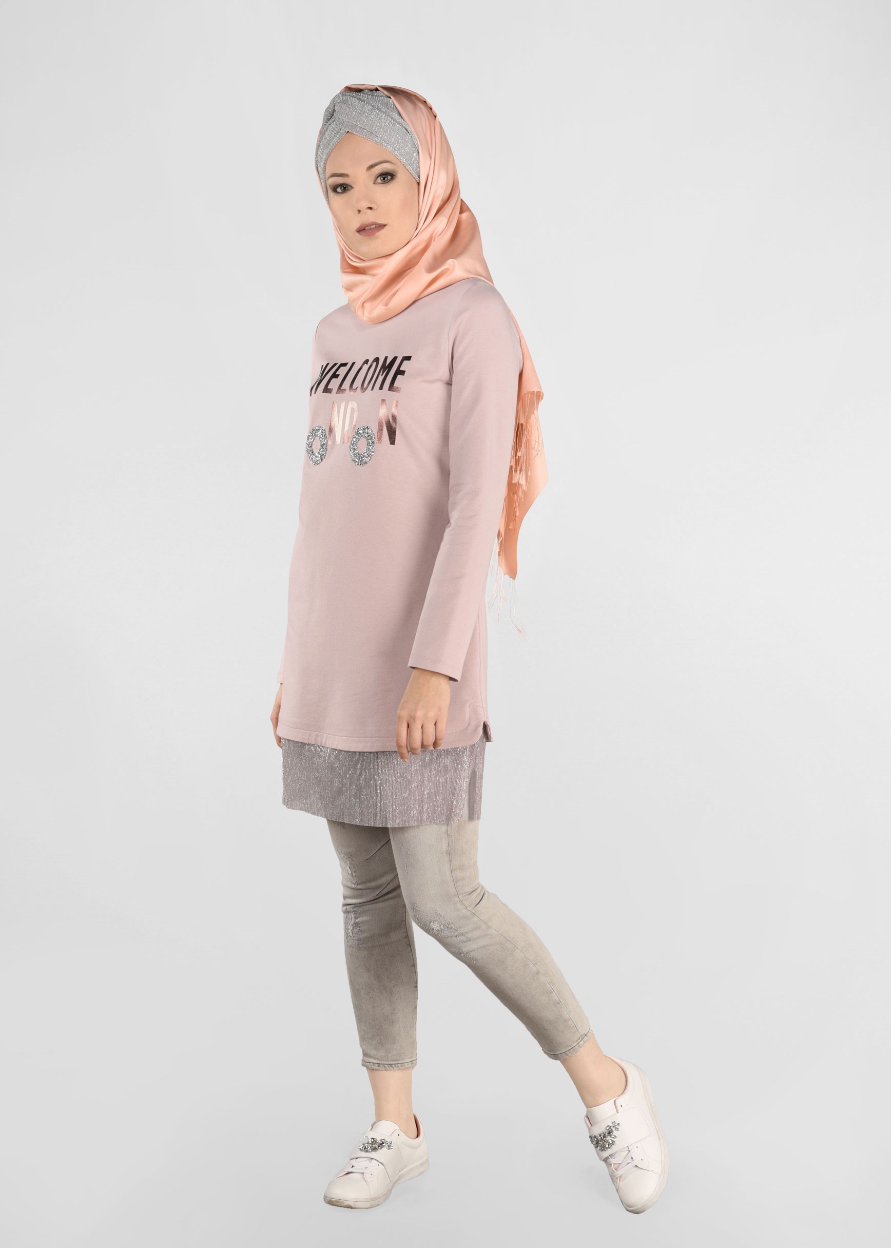 Tesettür giyim PUDRA ETEK UCU PARILTILI EŞOFMAN TUNİK 4875