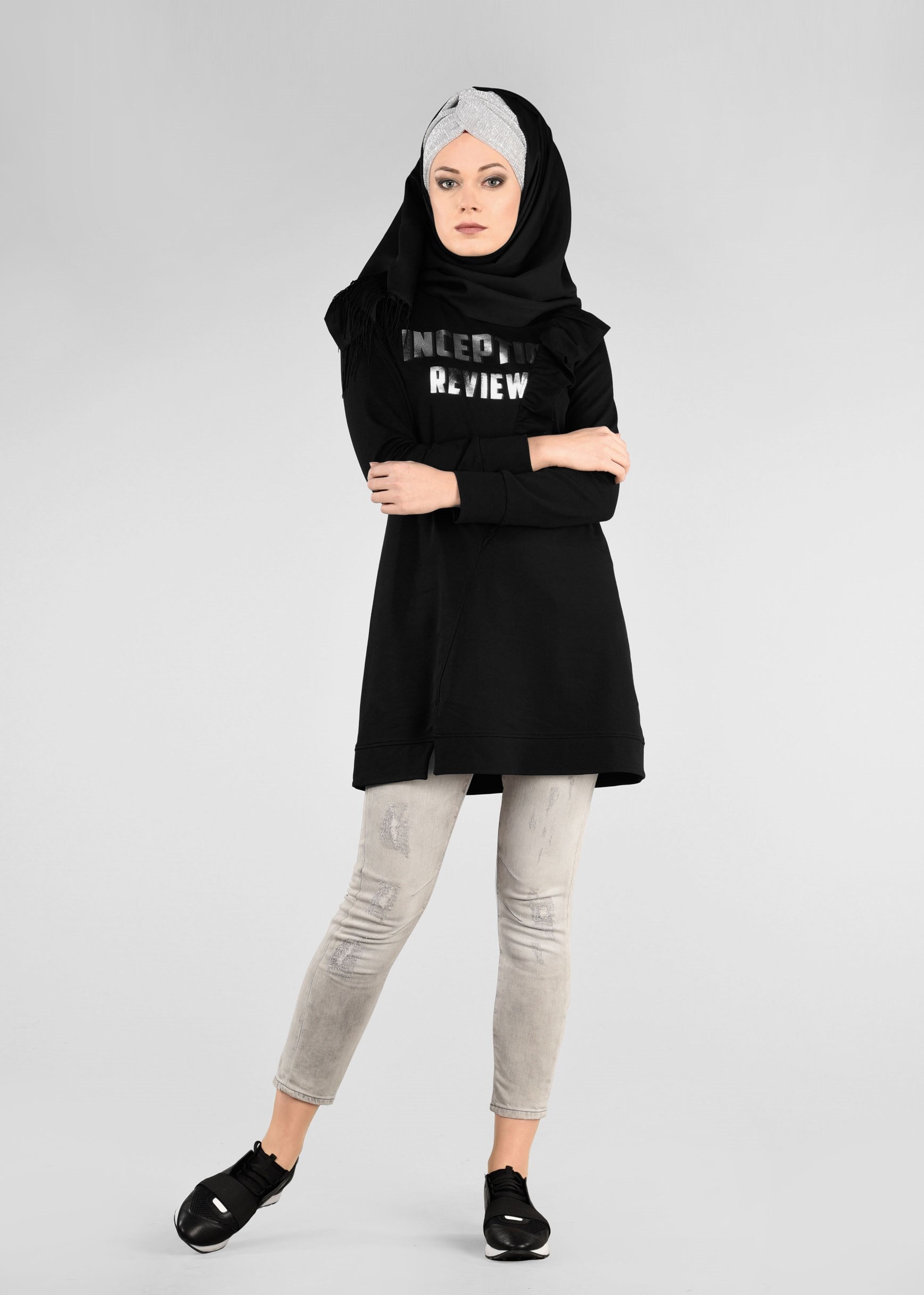 Tesettür giyim SİYAH FIRFIRLI EŞOFMAN TUNİK 4876