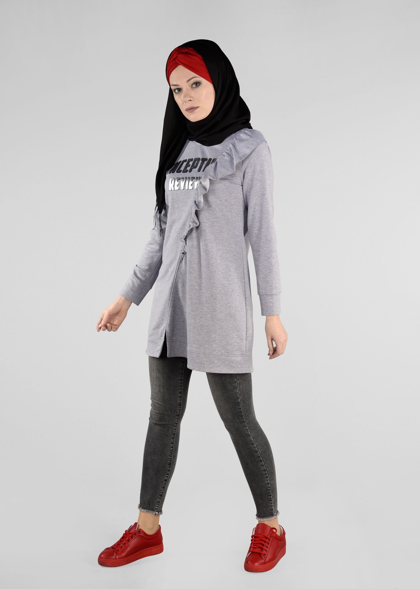 Tesettür giyim GRİ FIRFIRLI EŞOFMAN TUNİK 4876