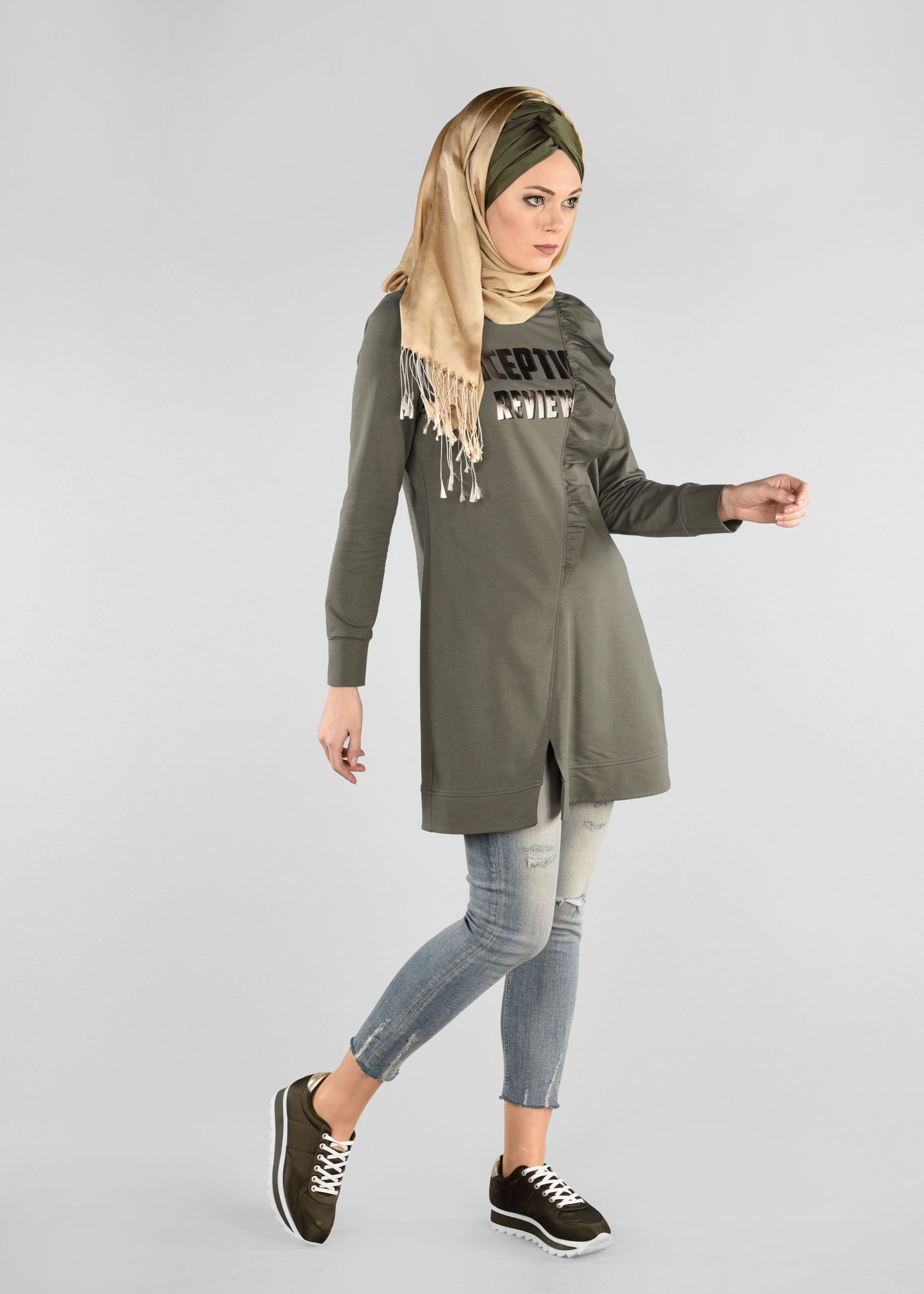 Tesettür giyim HAKİ FIRFIRLI EŞOFMAN TUNİK 4876