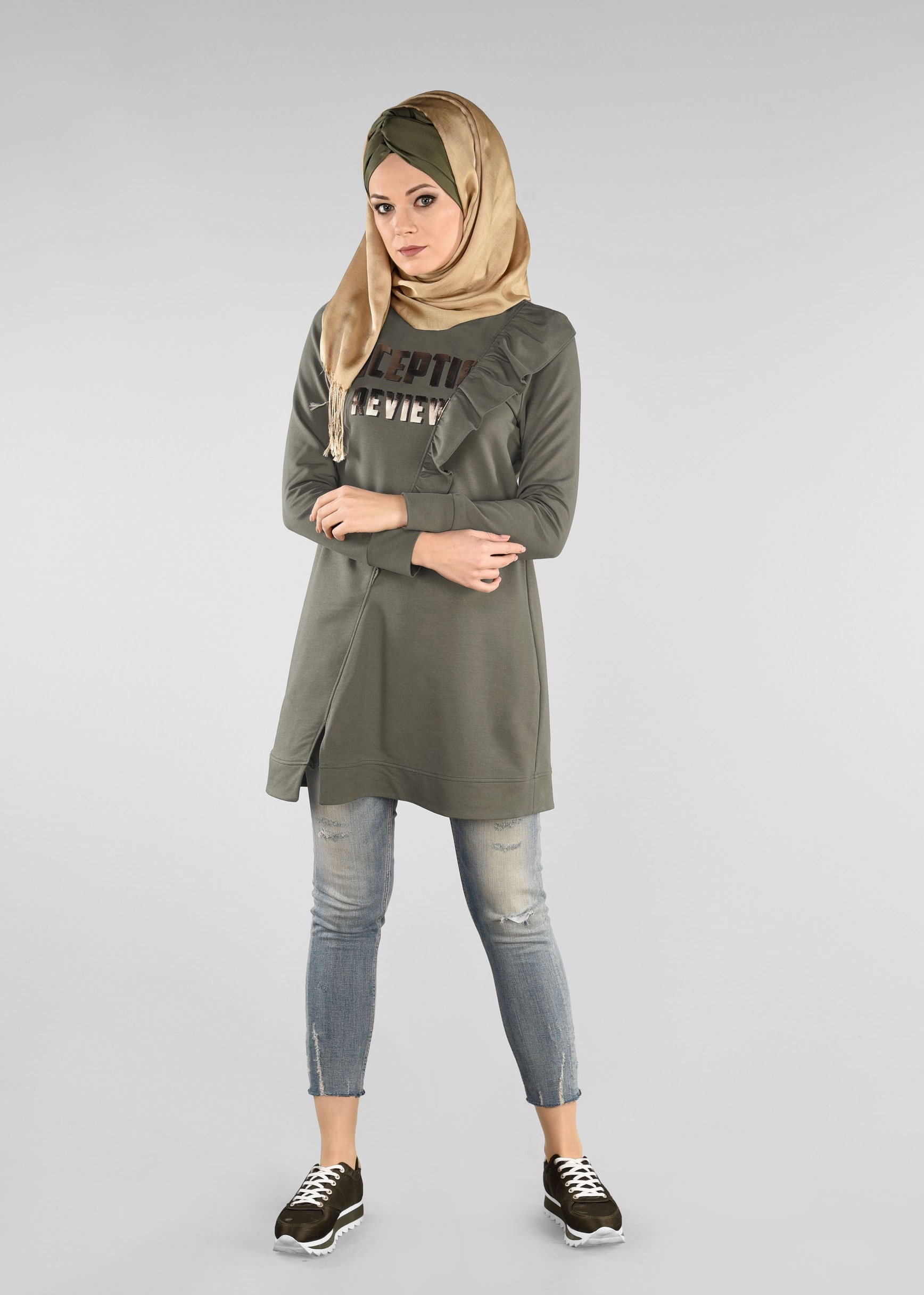 Tesettür giyim HAKİ FIRFIRLI EŞOFMAN TUNİK 4876