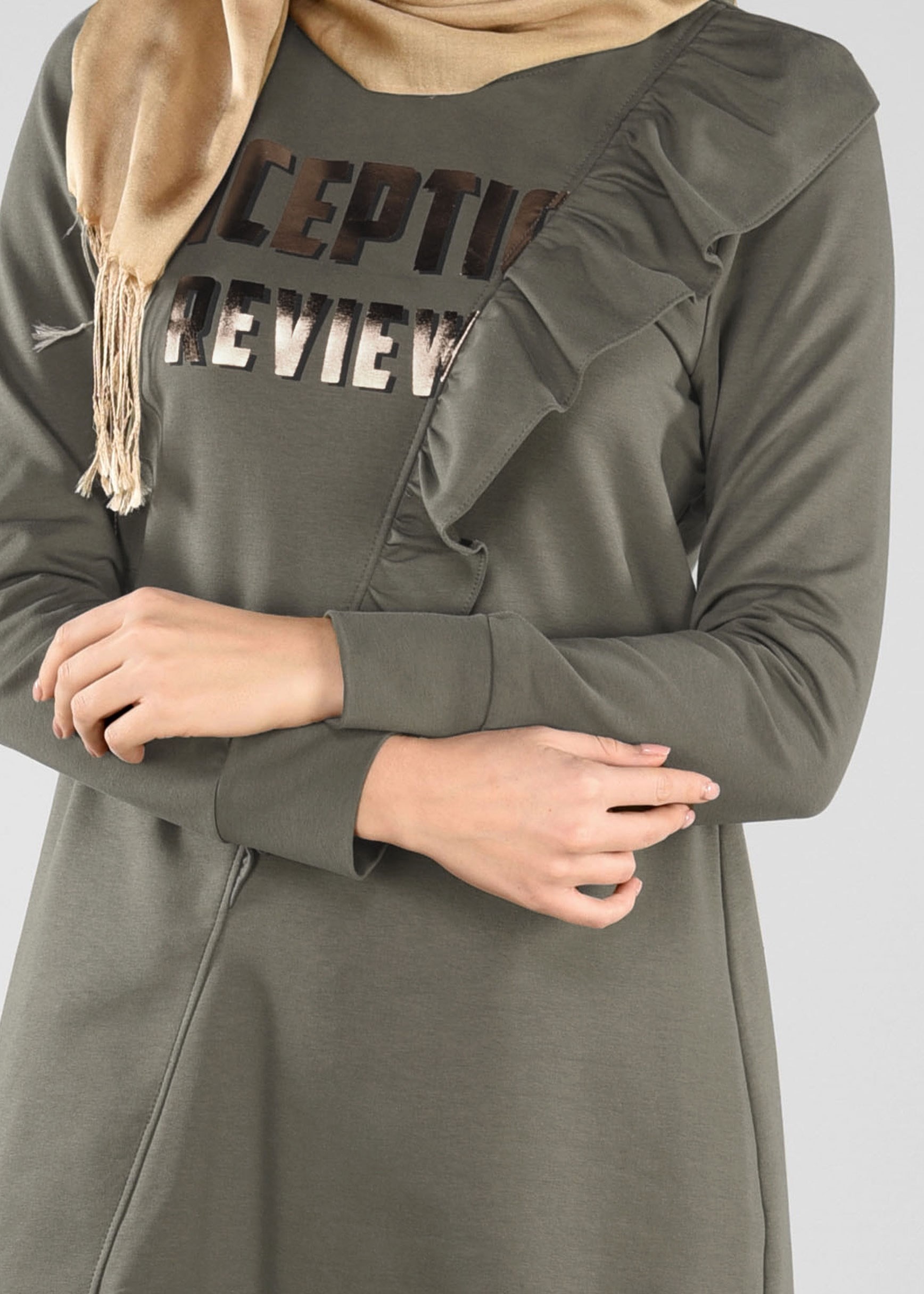 Tesettür giyim HAKİ FIRFIRLI EŞOFMAN TUNİK 4876