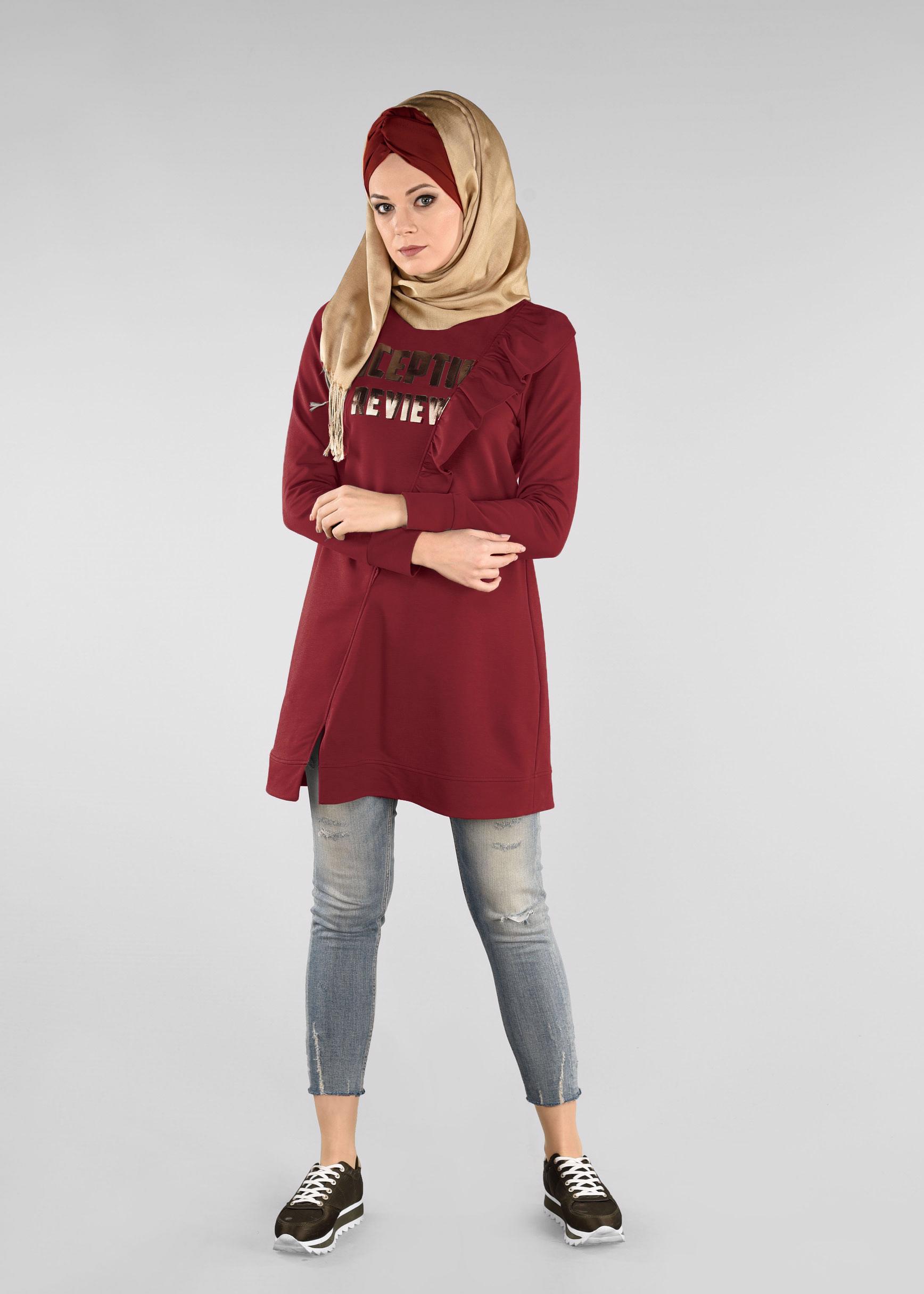 Tesettür giyim BORDO FIRFIRLI EŞOFMAN TUNİK 4876