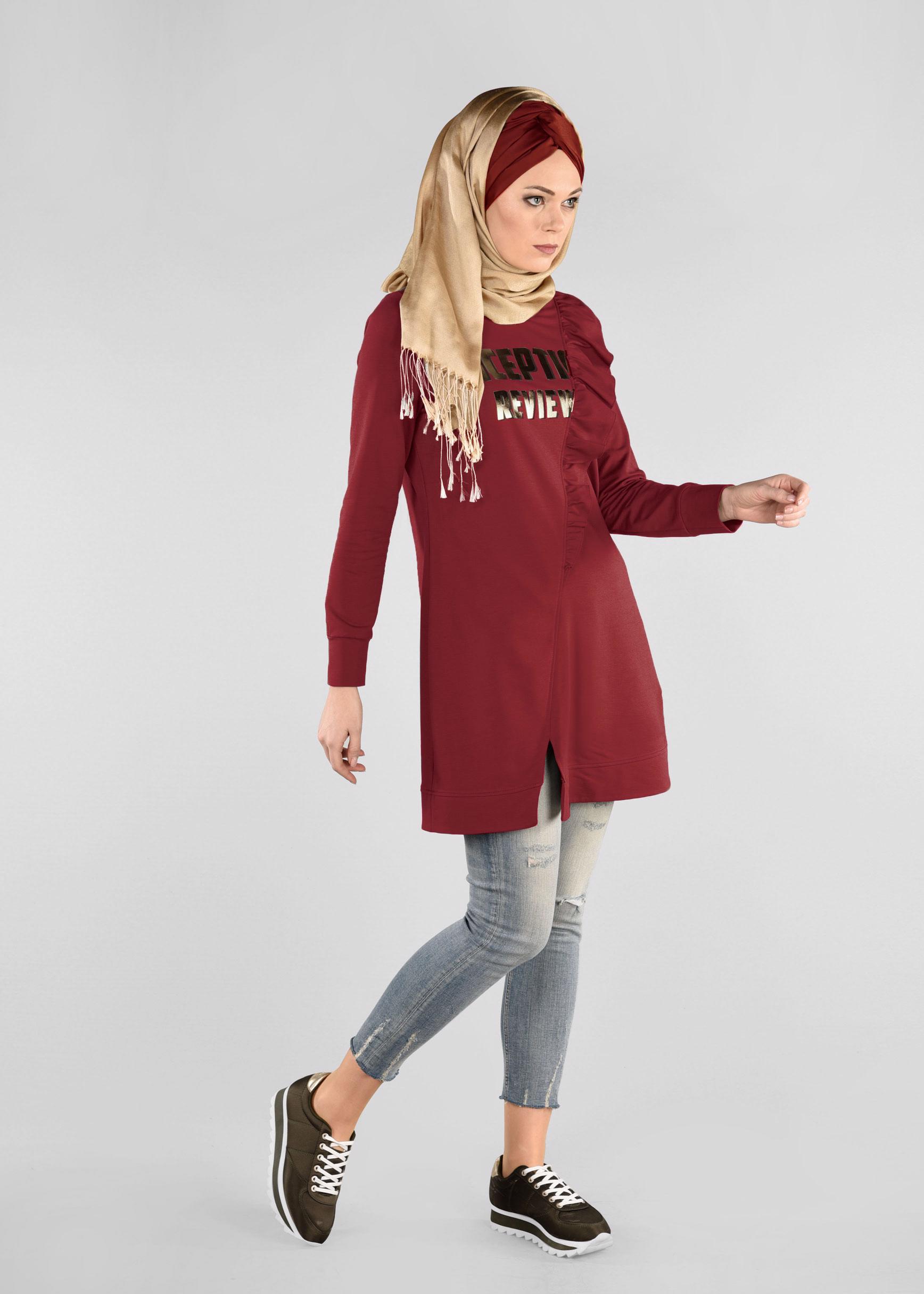 Tesettür giyim BORDO FIRFIRLI EŞOFMAN TUNİK 4876