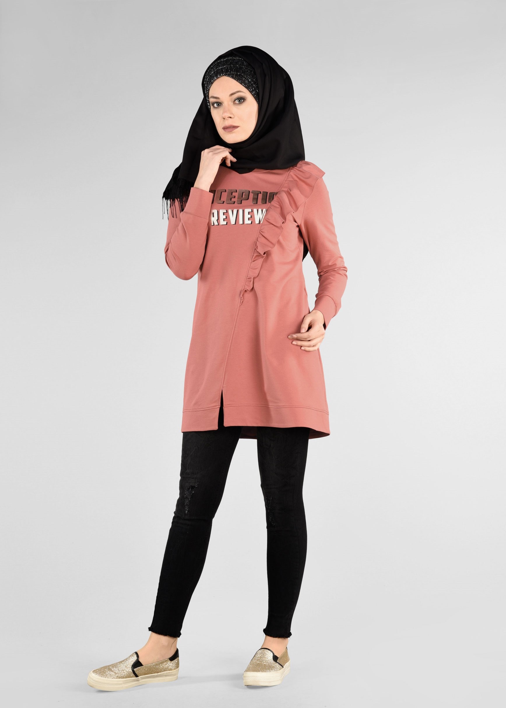 Tesettür giyim TURUNCU FIRFIRLI EŞOFMAN TUNİK 4876