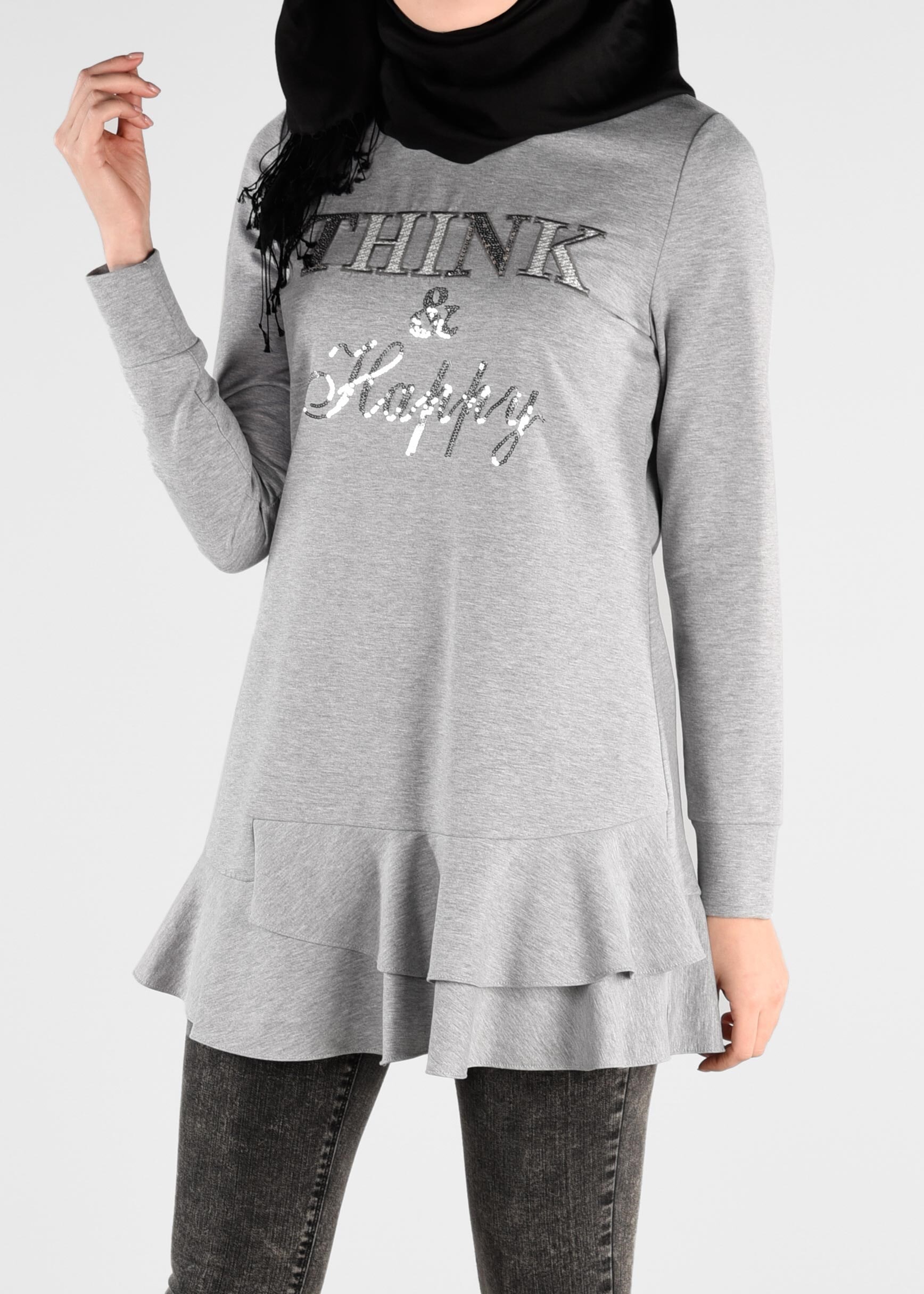 Tesettür giyim GRİ PUL PAYET DETAYLI ETEK UCU FIRFIRLI EŞOFMAN TUNİK 4877