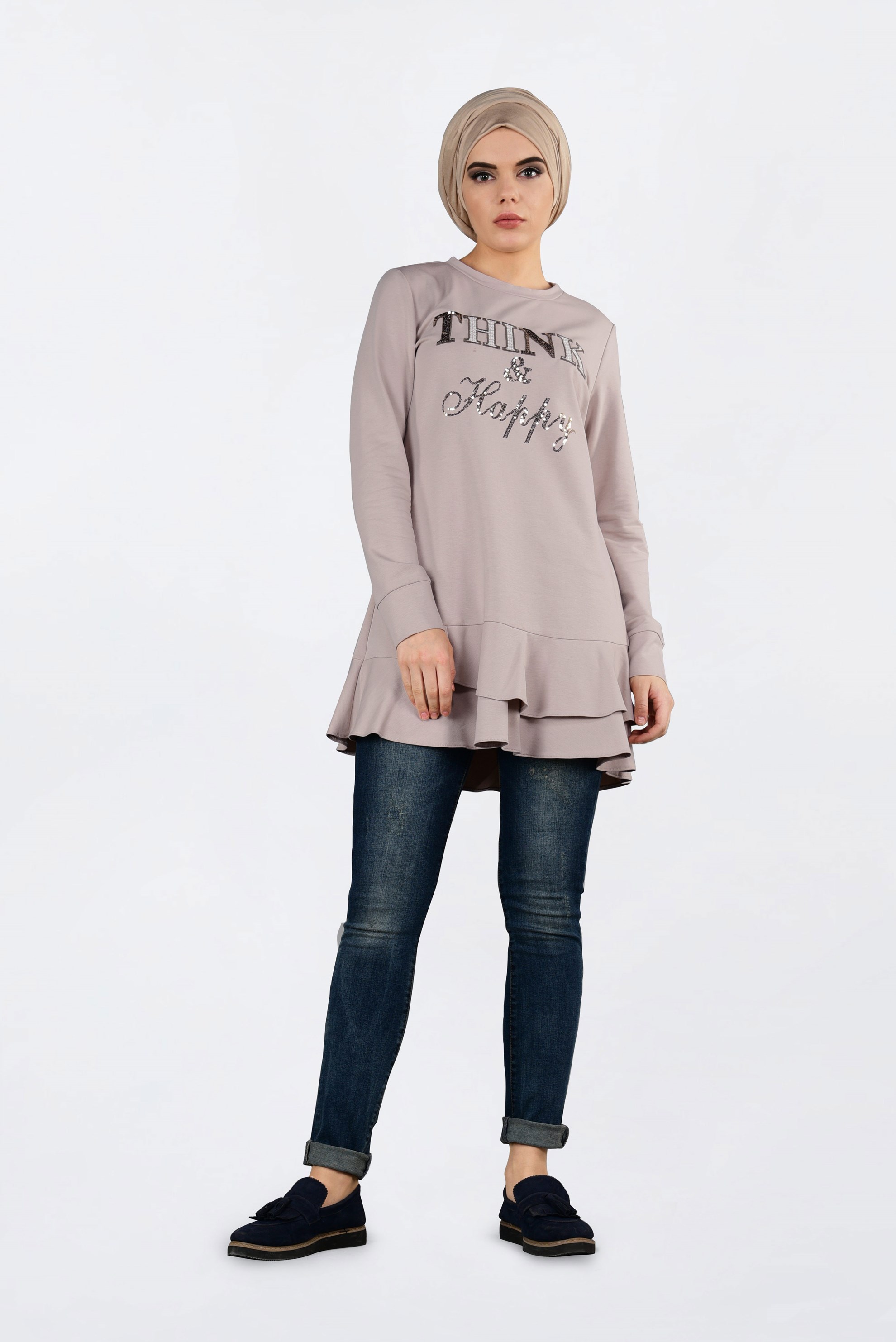 Tesettür giyim BEJ PUL PAYET DETAYLI ETEK UCU FIRFIRLI EŞOFMAN TUNİK 4877