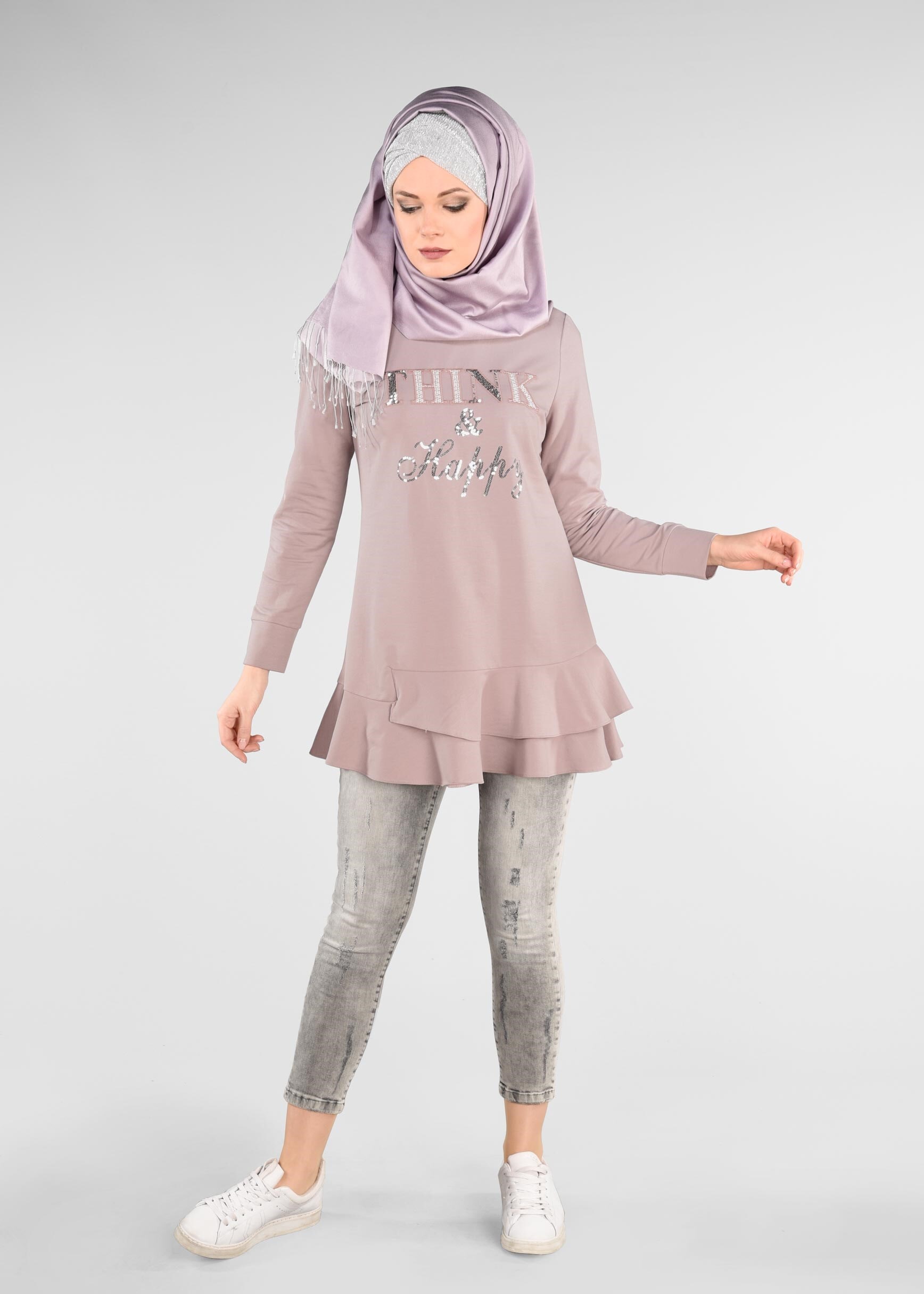 Tesettür giyim PUDRA PUL PAYET DETAYLI ETEK UCU FIRFIRLI EŞOFMAN TUNİK 4877