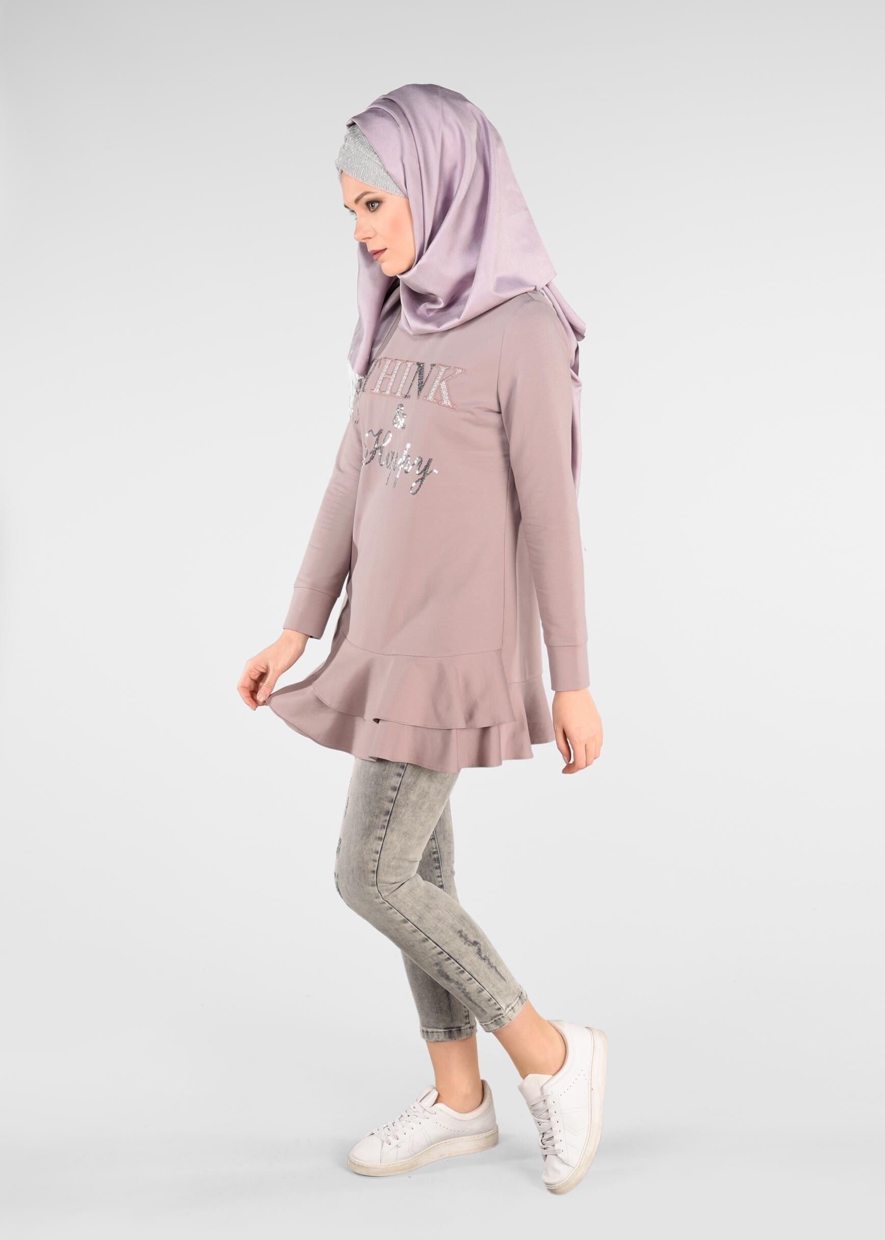 Tesettür giyim PUDRA PUL PAYET DETAYLI ETEK UCU FIRFIRLI EŞOFMAN TUNİK 4877