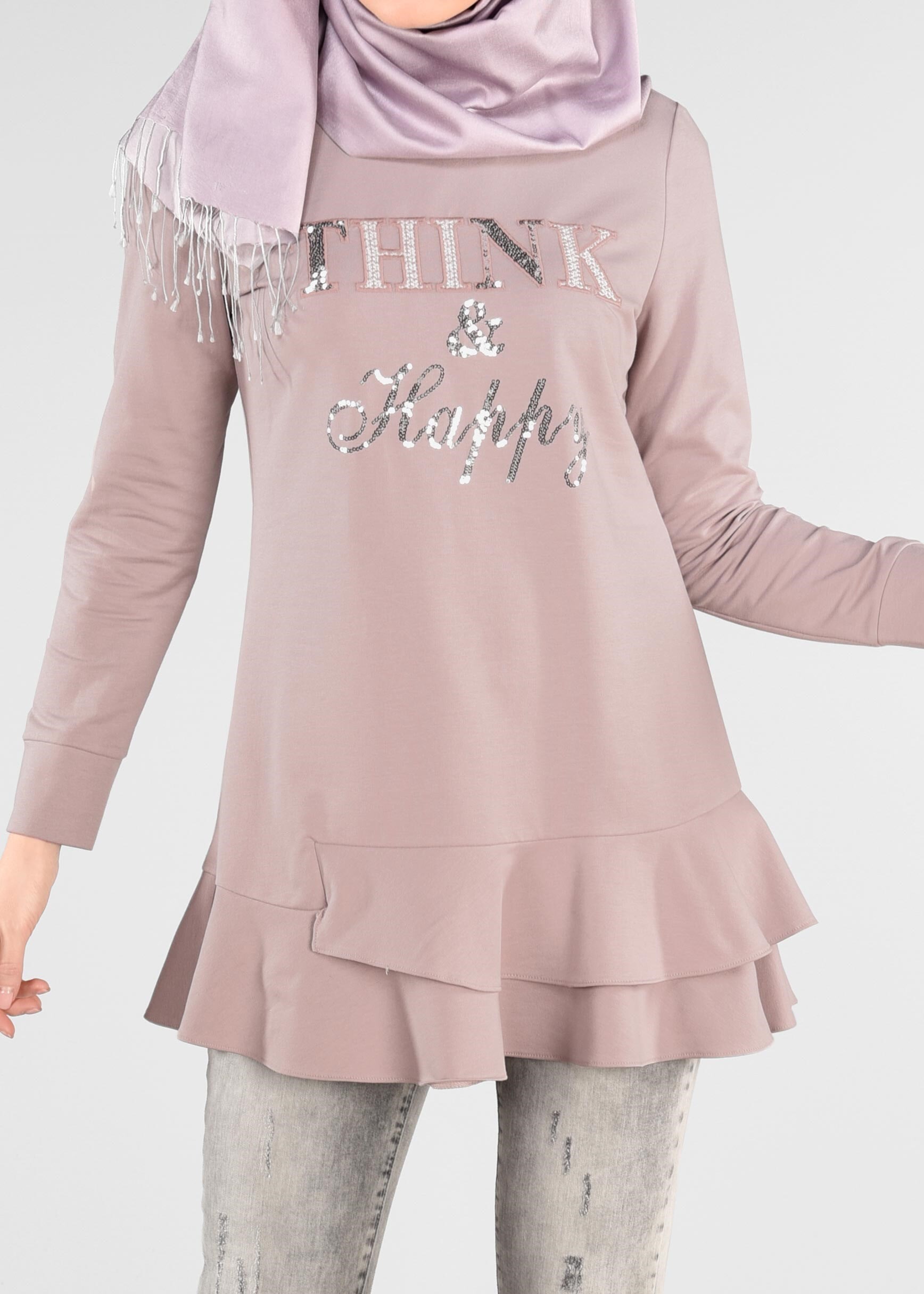 Tesettür giyim PUDRA PUL PAYET DETAYLI ETEK UCU FIRFIRLI EŞOFMAN TUNİK 4877