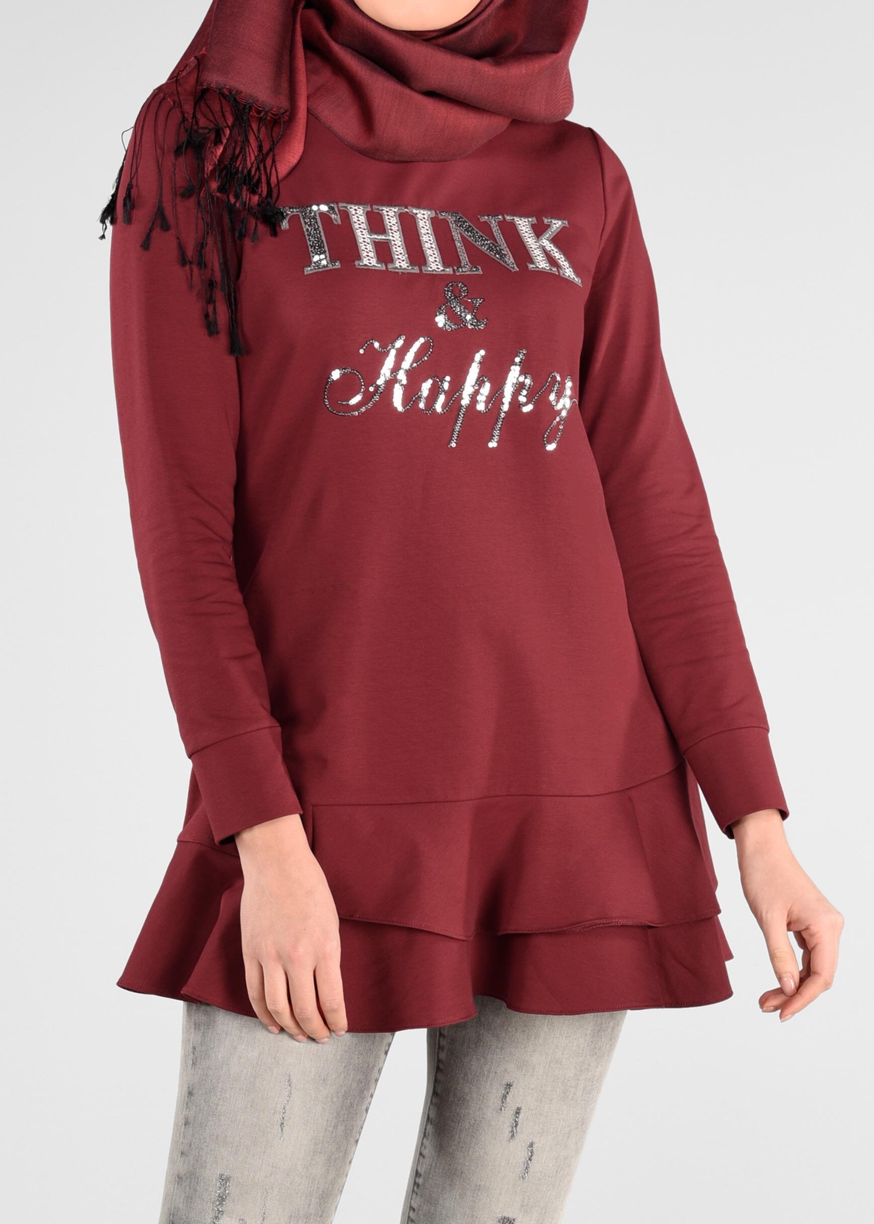 Tesettür giyim BORDO PUL PAYET DETAYLI ETEK UCU FIRFIRLI EŞOFMAN TUNİK 4877