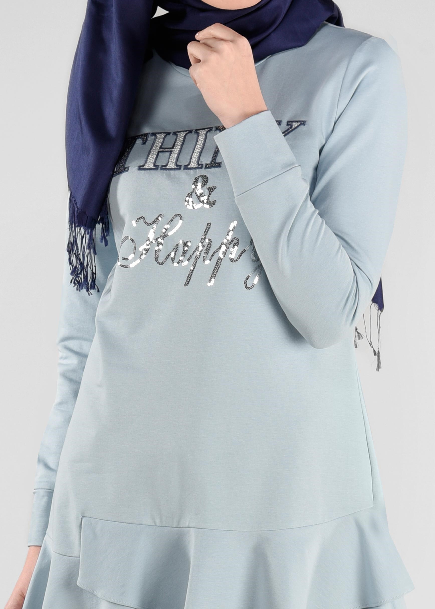 Tesettür giyim MAVİ PUL PAYET DETAYLI ETEK UCU FIRFIRLI EŞOFMAN TUNİK 4877