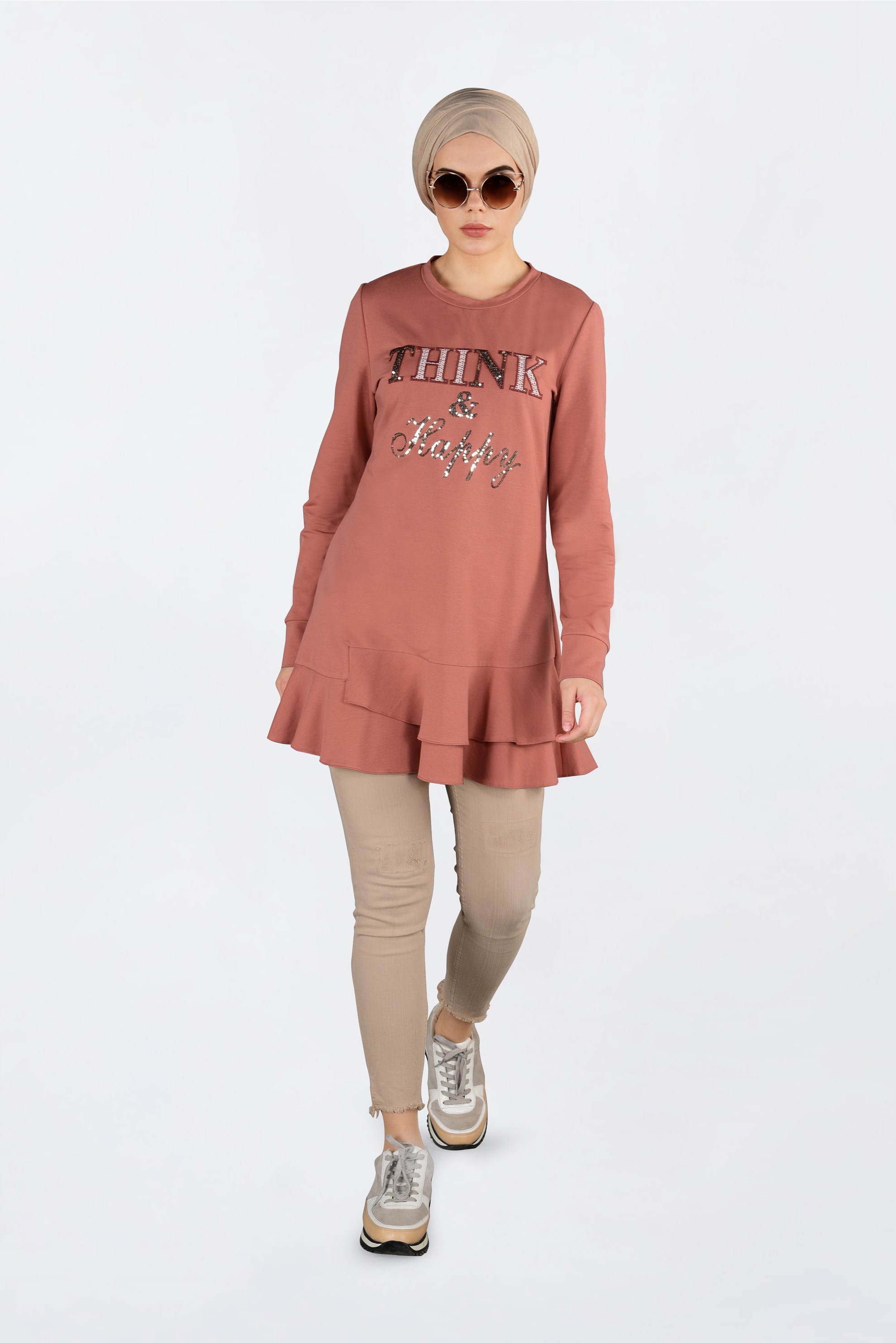 Tesettür giyim TURUNCU PUL PAYET DETAYLI ETEK UCU FIRFIRLI EŞOFMAN TUNİK 4877