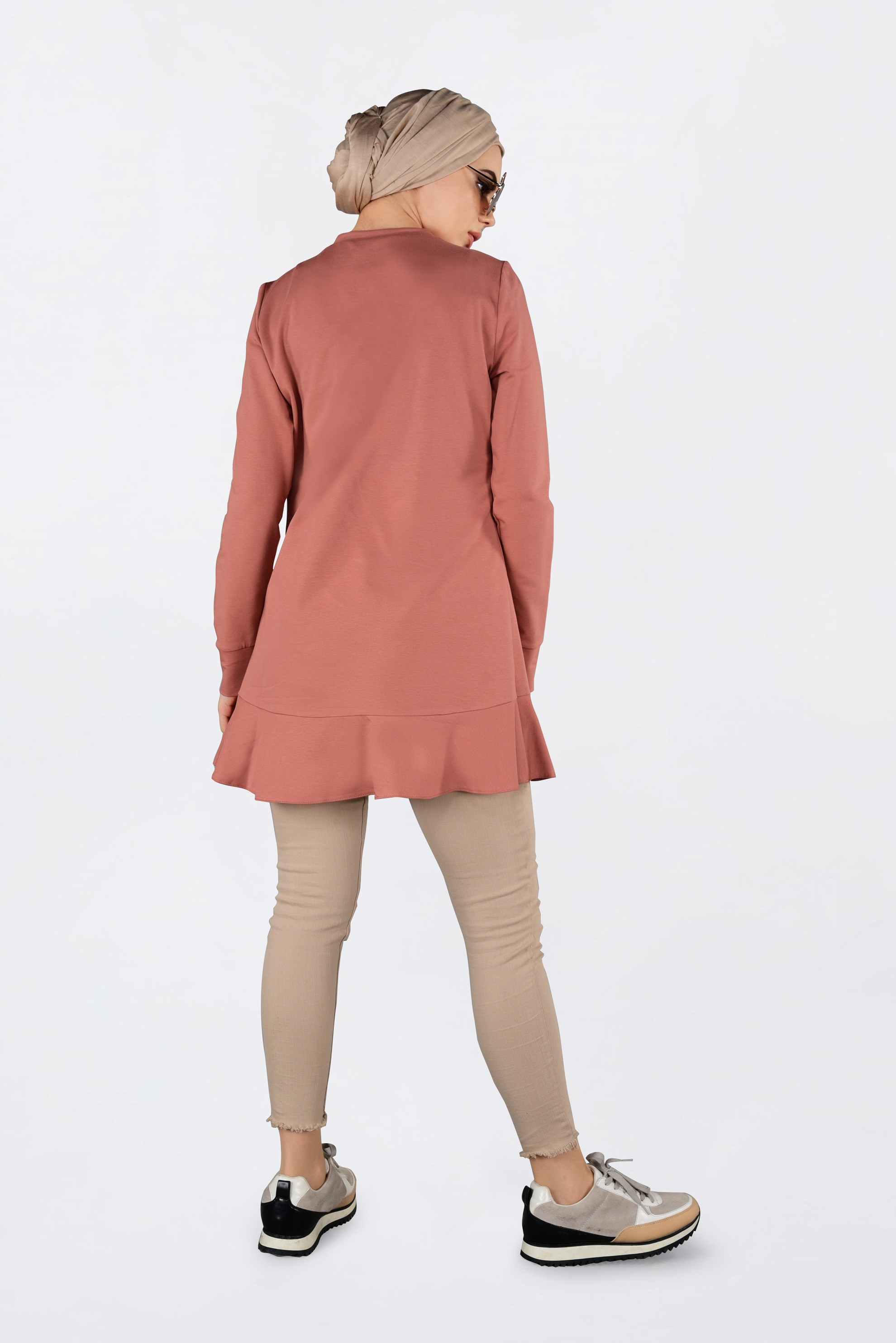 Tesettür giyim TURUNCU PUL PAYET DETAYLI ETEK UCU FIRFIRLI EŞOFMAN TUNİK 4877