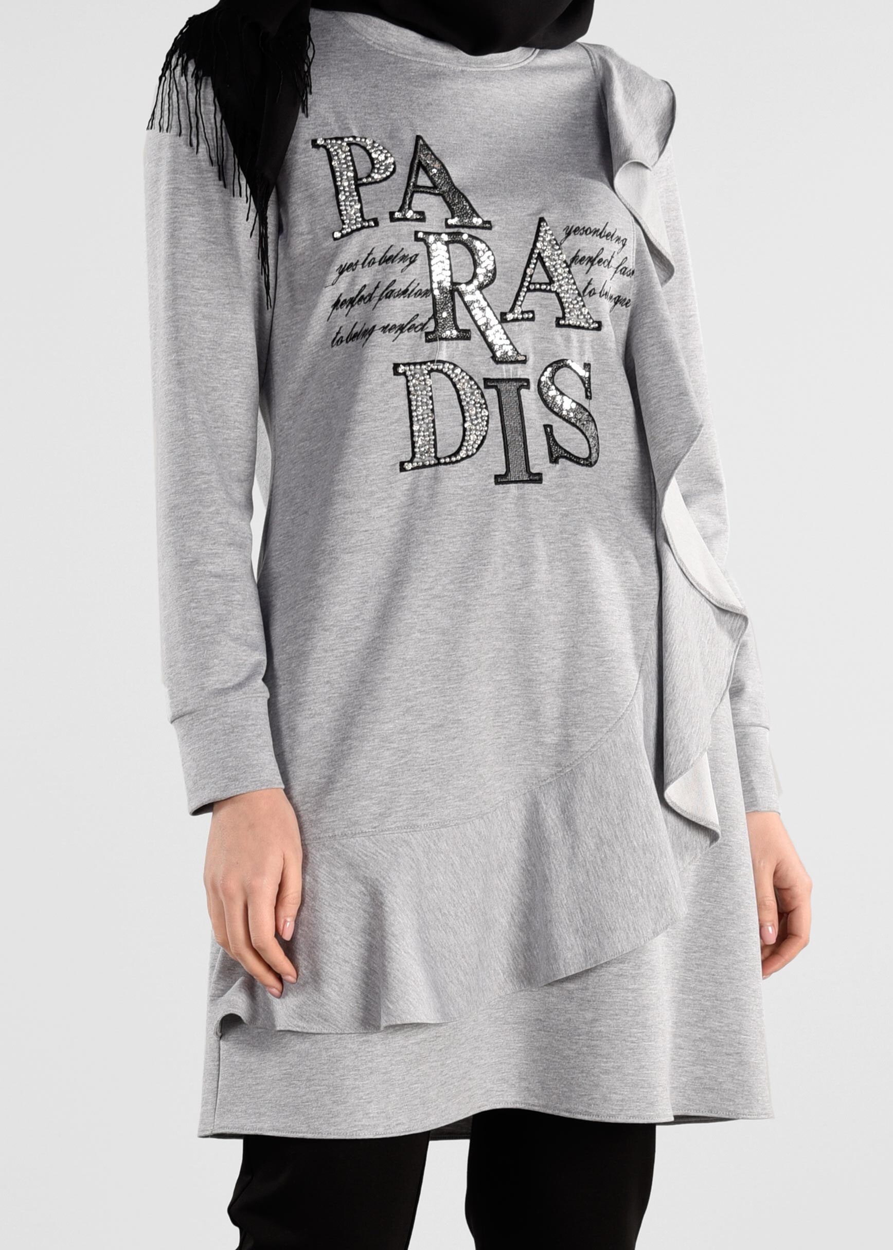 Tesettür giyim GRİ BONCUK VE PUL PAYET DETAYLI 2&prime;Lİ EŞOFMAN TAKIM 4880