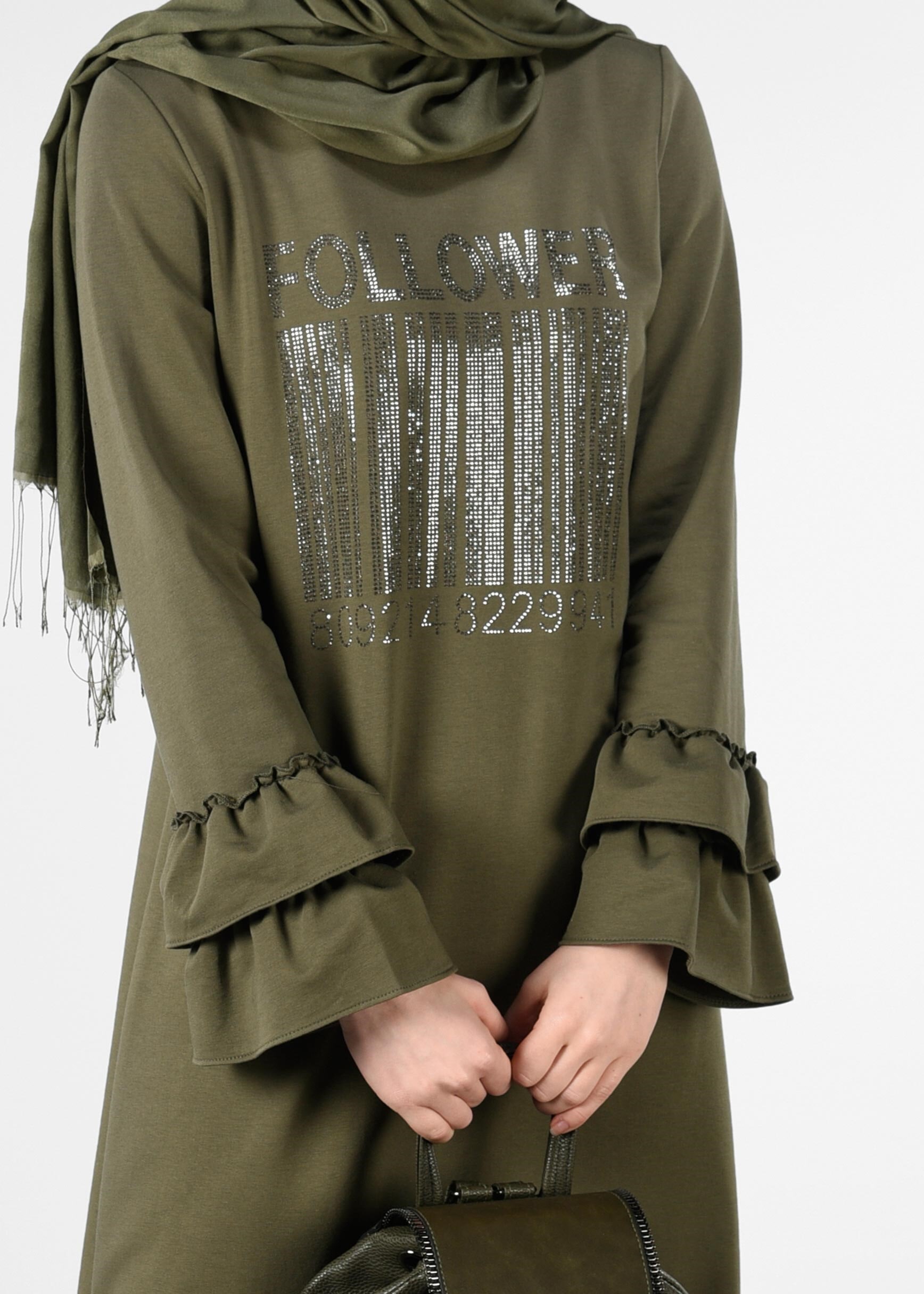 Tesettür giyim HAKİ ETEK UCU VE KOLLARI VOLANLI EŞOFMAN ELBİSE 4882