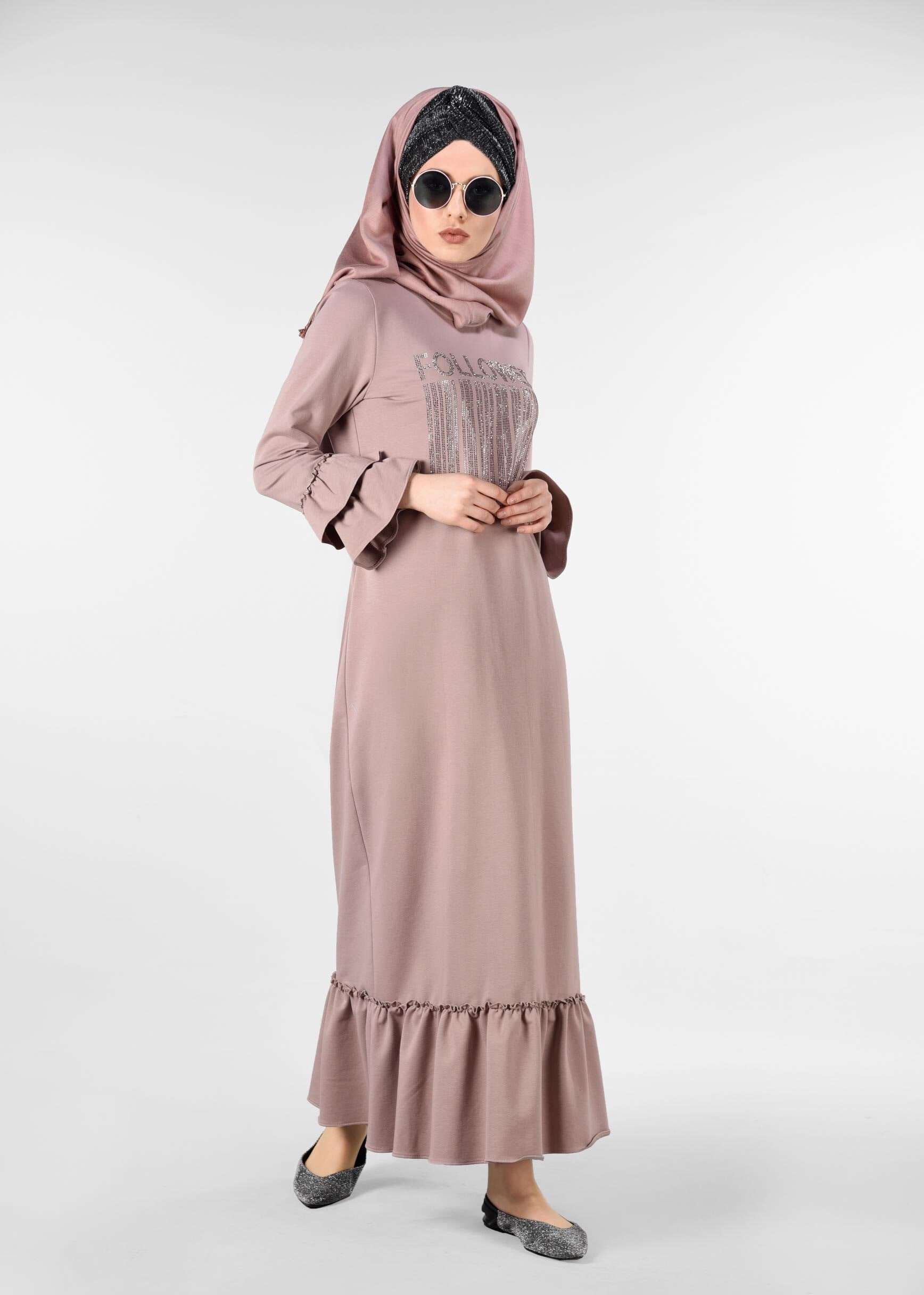 Tesettür giyim PUDRA ETEK UCU VE KOLLARI VOLANLI EŞOFMAN ELBİSE 4882