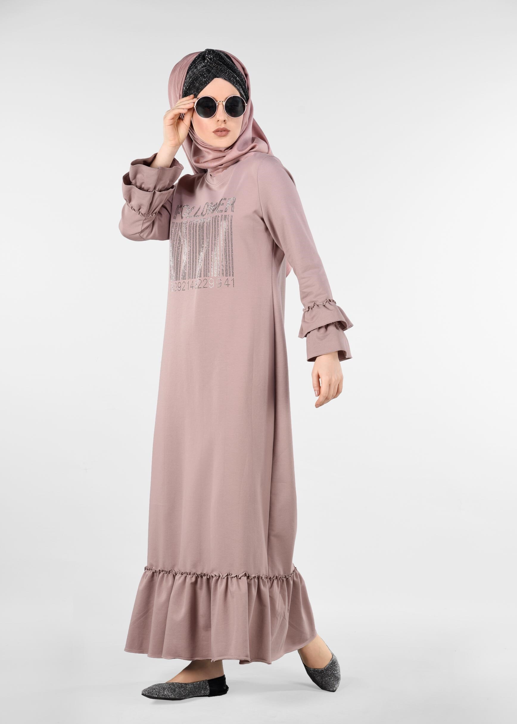 Tesettür giyim PUDRA ETEK UCU VE KOLLARI VOLANLI EŞOFMAN ELBİSE 4882