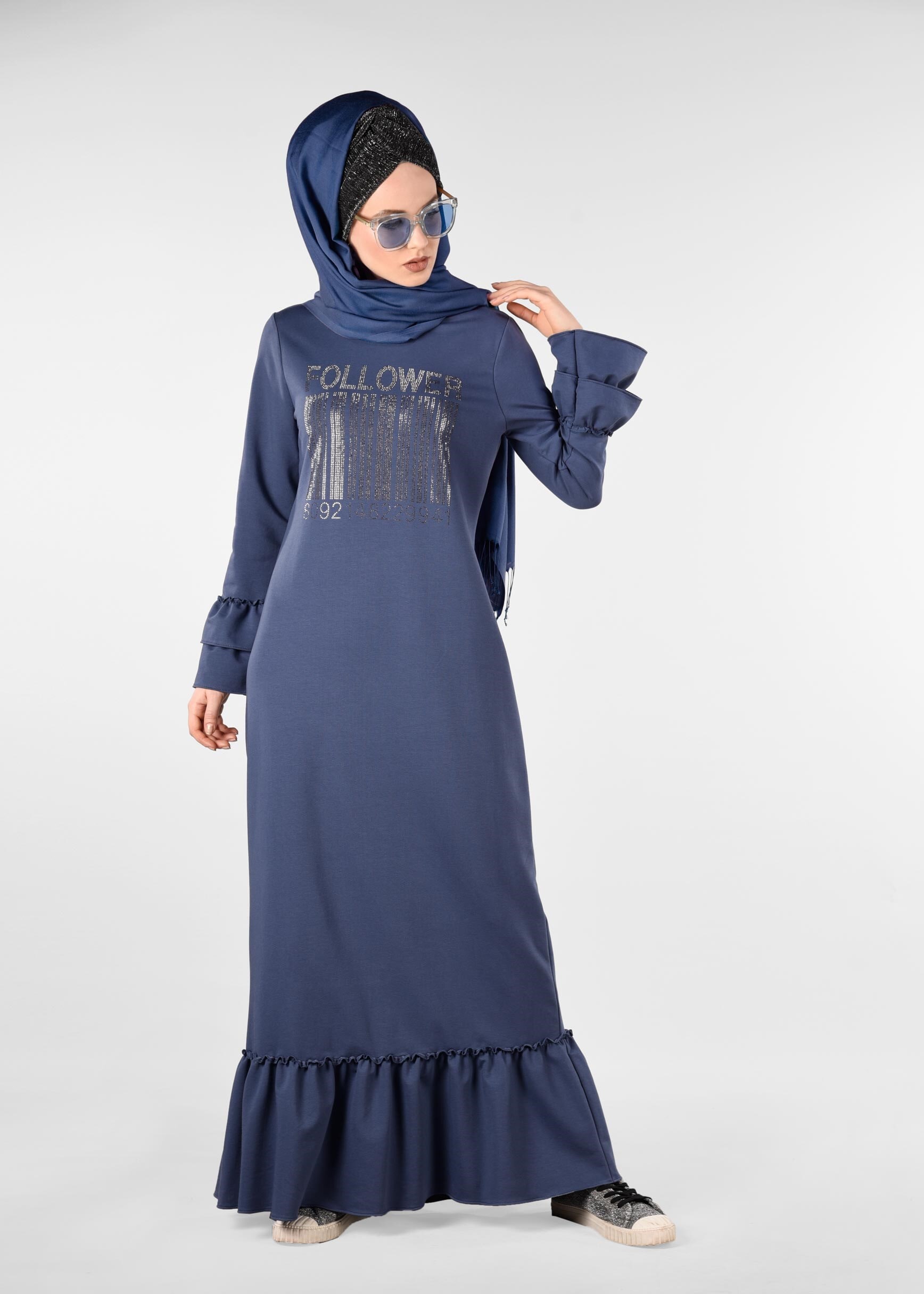 Tesettür giyim LACİVERT ETEK UCU VE KOLLARI VOLANLI EŞOFMAN ELBİSE 4882