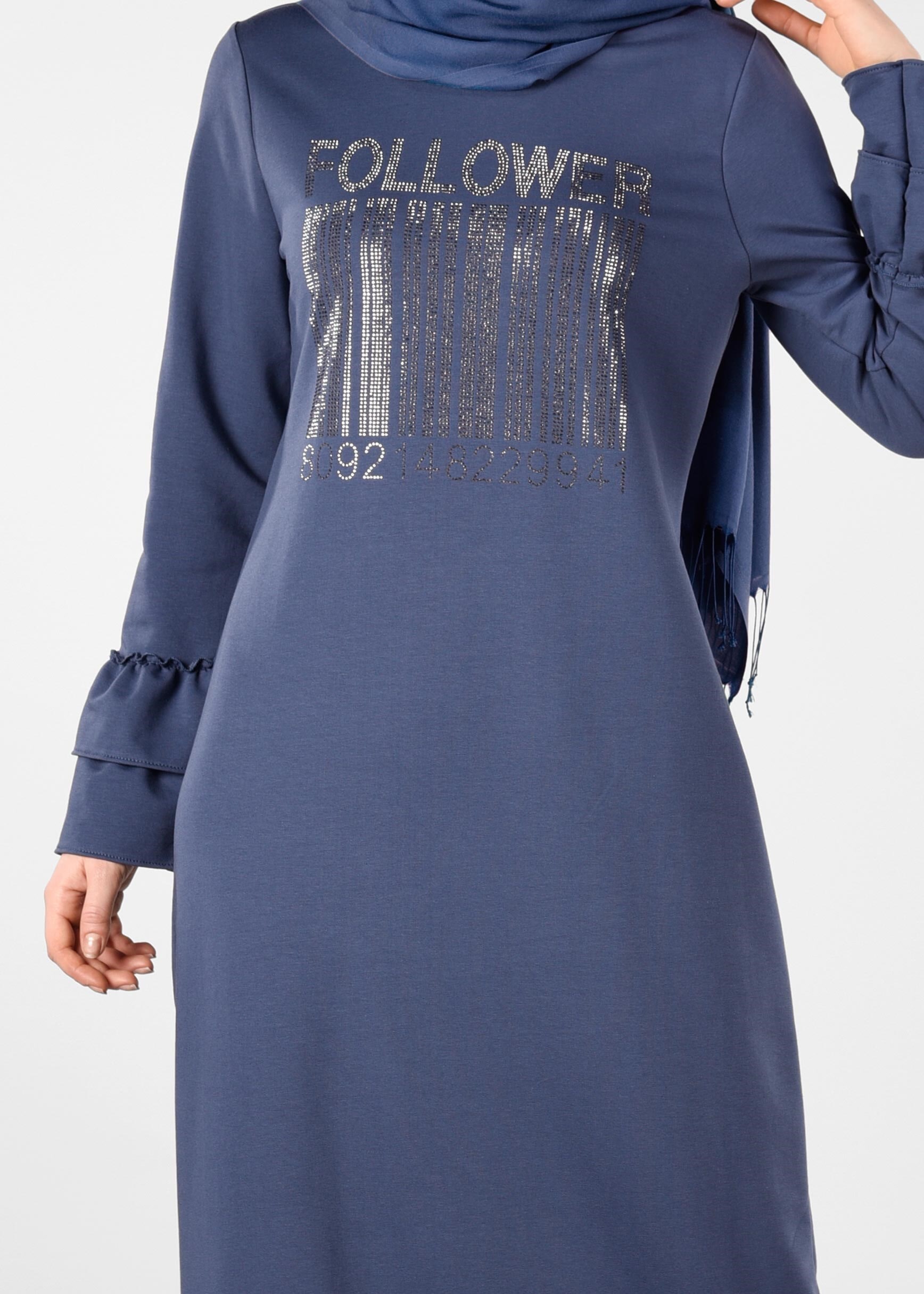 Tesettür giyim LACİVERT ETEK UCU VE KOLLARI VOLANLI EŞOFMAN ELBİSE 4882