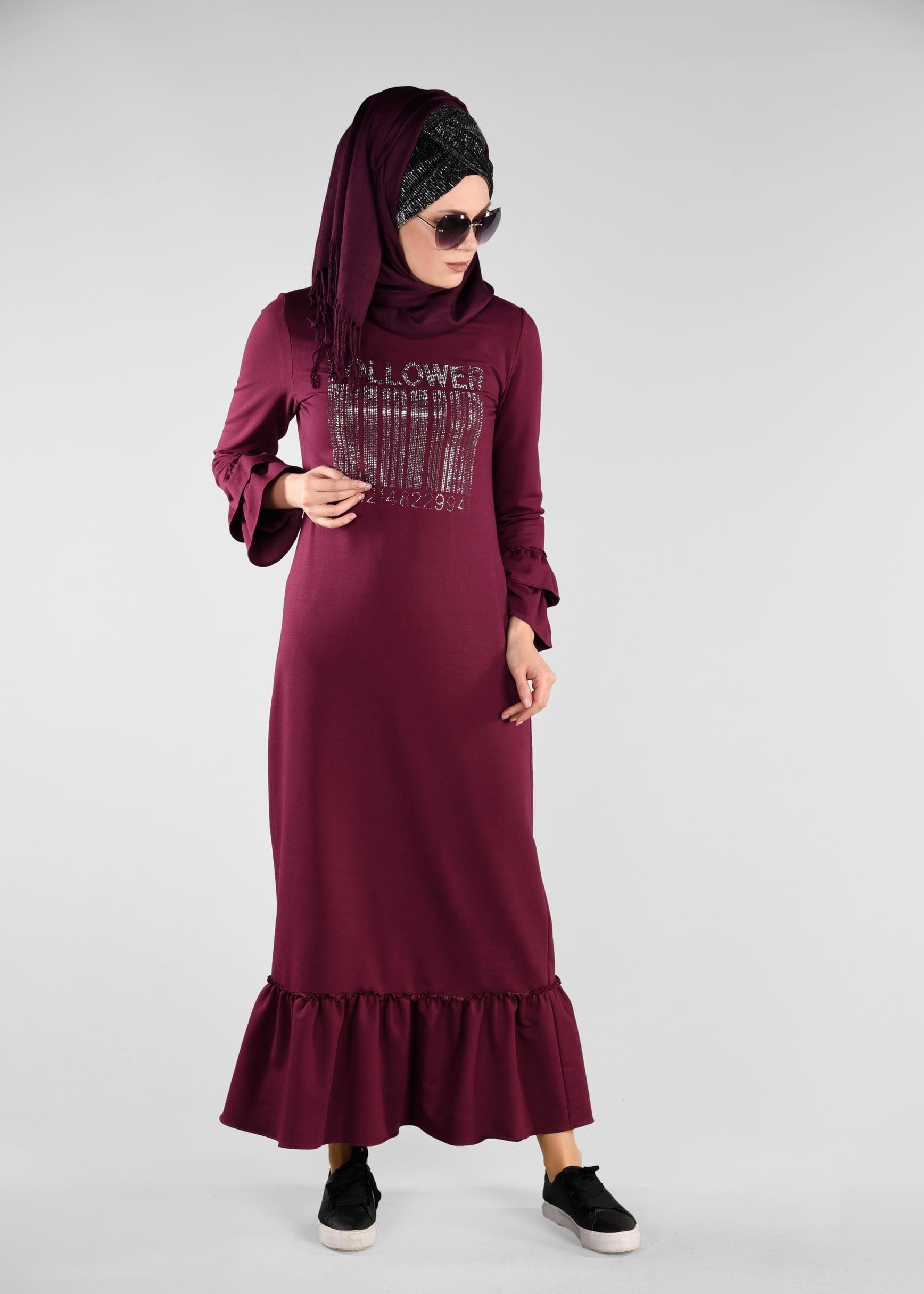 Tesettür giyim MOR ETEK UCU VE KOLLARI VOLANLI EŞOFMAN ELBİSE 4882