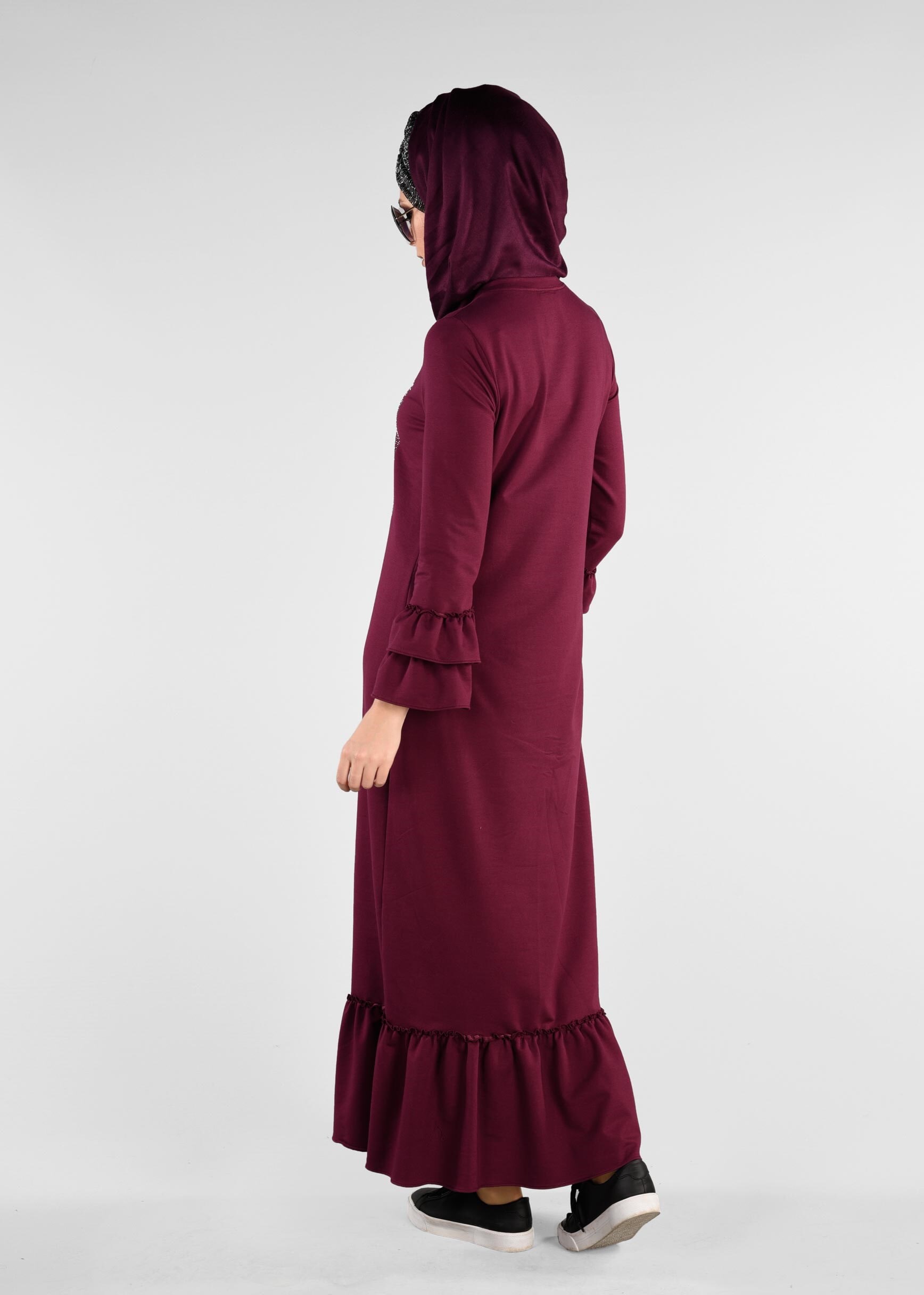 Tesettür giyim MOR ETEK UCU VE KOLLARI VOLANLI EŞOFMAN ELBİSE 4882