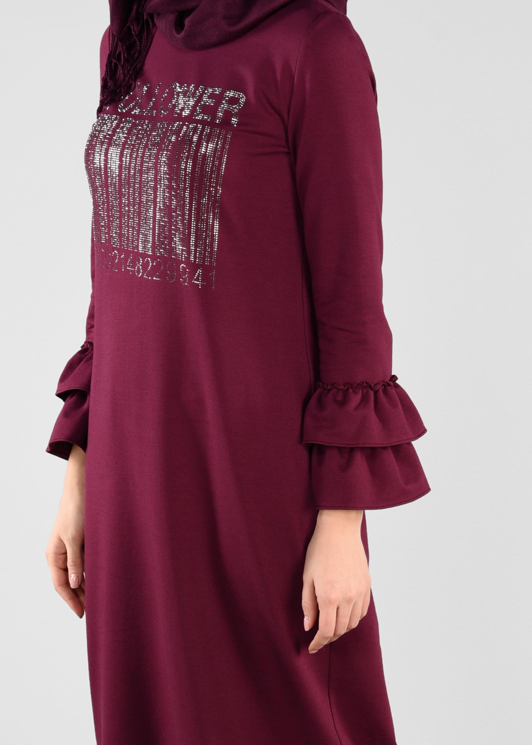 Tesettür giyim MOR ETEK UCU VE KOLLARI VOLANLI EŞOFMAN ELBİSE 4882