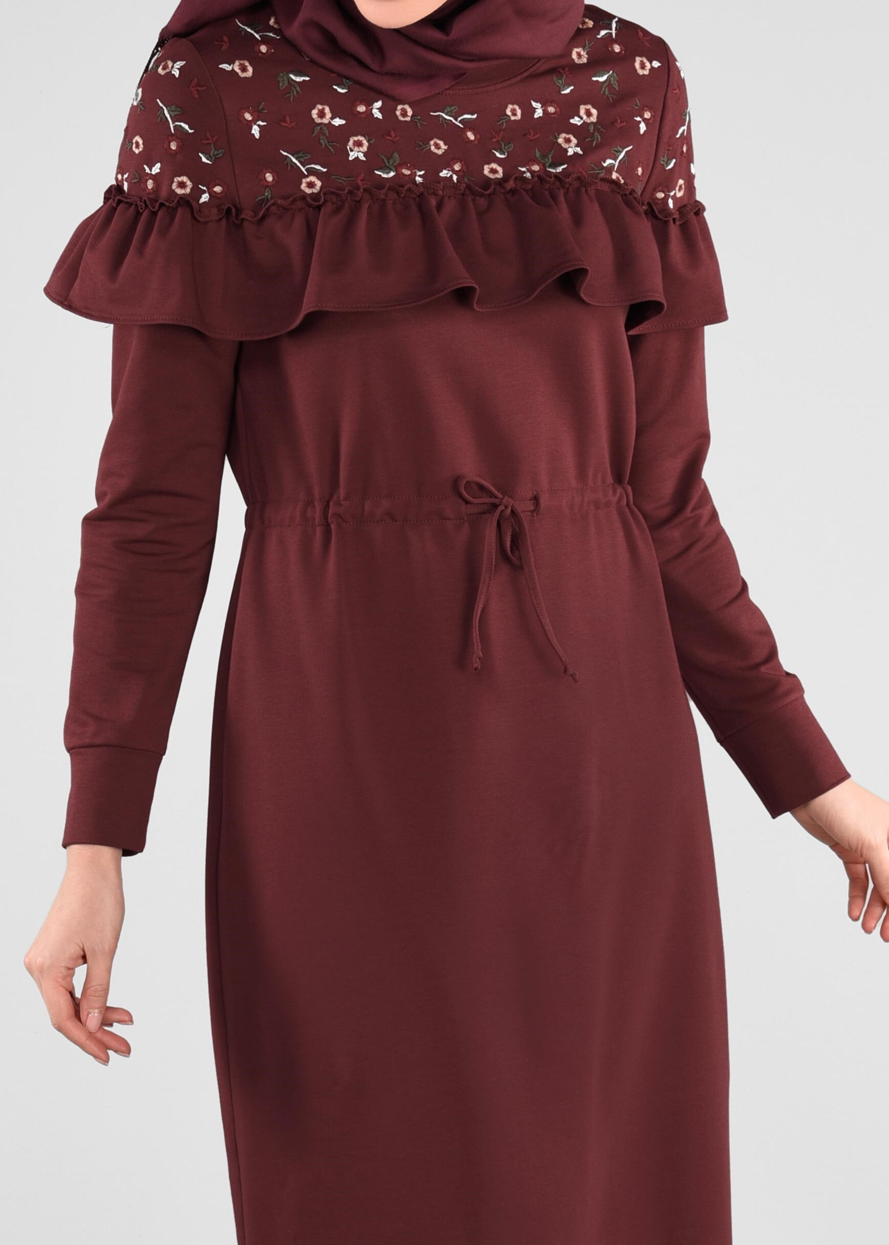Tesettür giyim BORDO NAKIŞLI EŞOFMAN ELBİSE 4883 