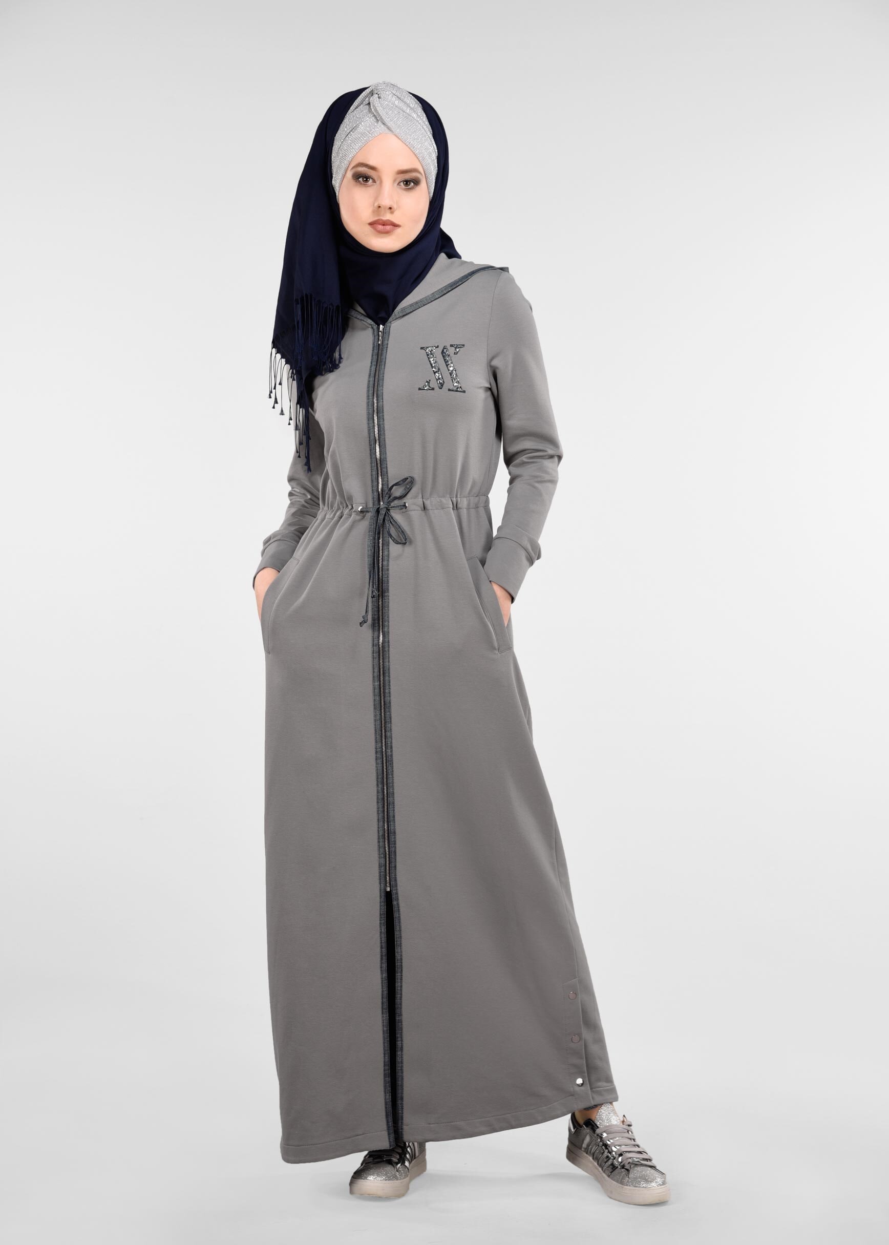 Tesettür giyim GRİ KAPÜŞONLU FERMUARLI EŞOFMAN TUNİK 4910