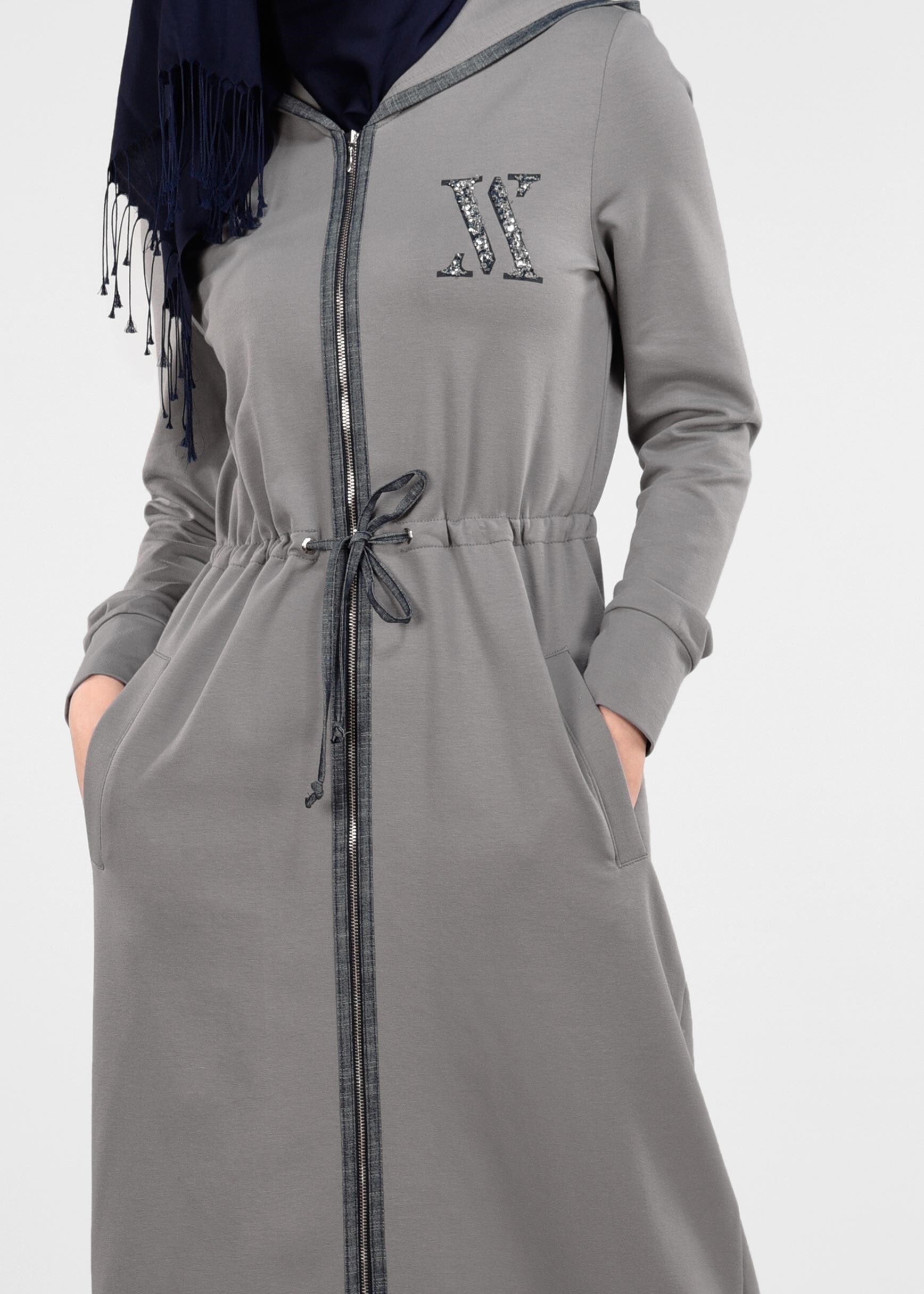 Tesettür giyim GRİ KAPÜŞONLU FERMUARLI EŞOFMAN TUNİK 4910