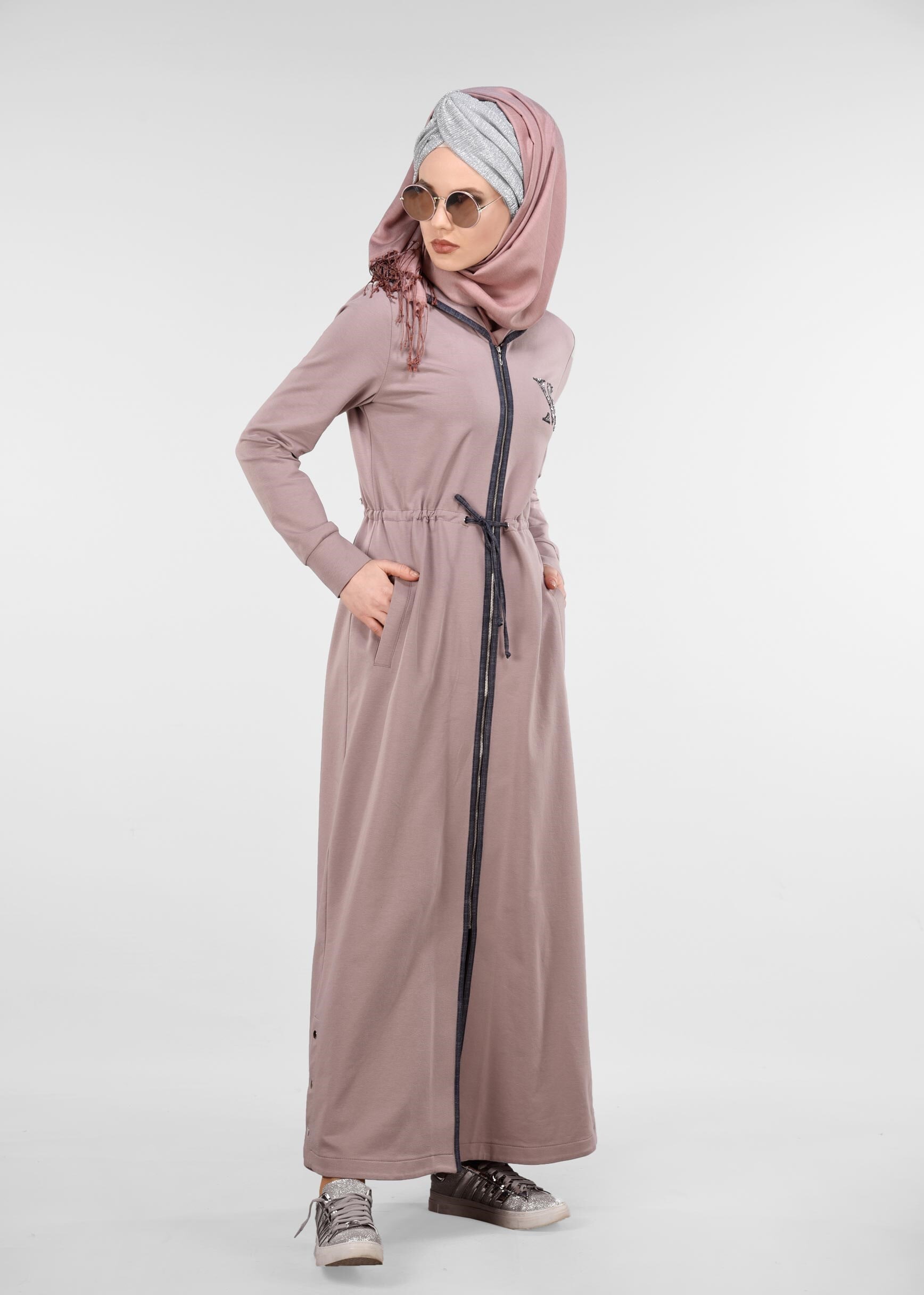 Tesettür giyim PUDRA KAPÜŞONLU FERMUARLI EŞOFMAN TUNİK 4910