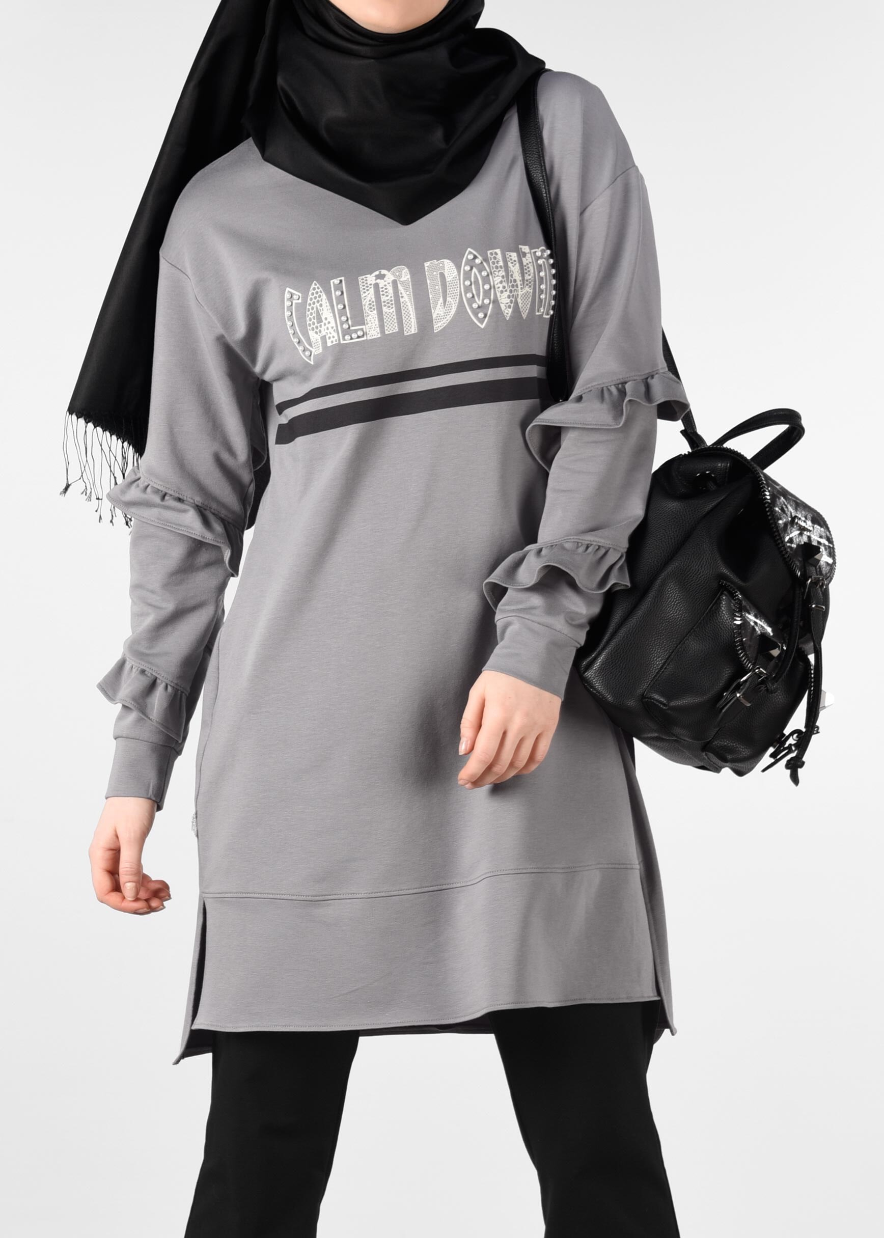 Tesettür giyim GRİ BONCUKLU BASKI DETAYLI 2&prime;Lİ EŞOFMAN TAKIM 4912 