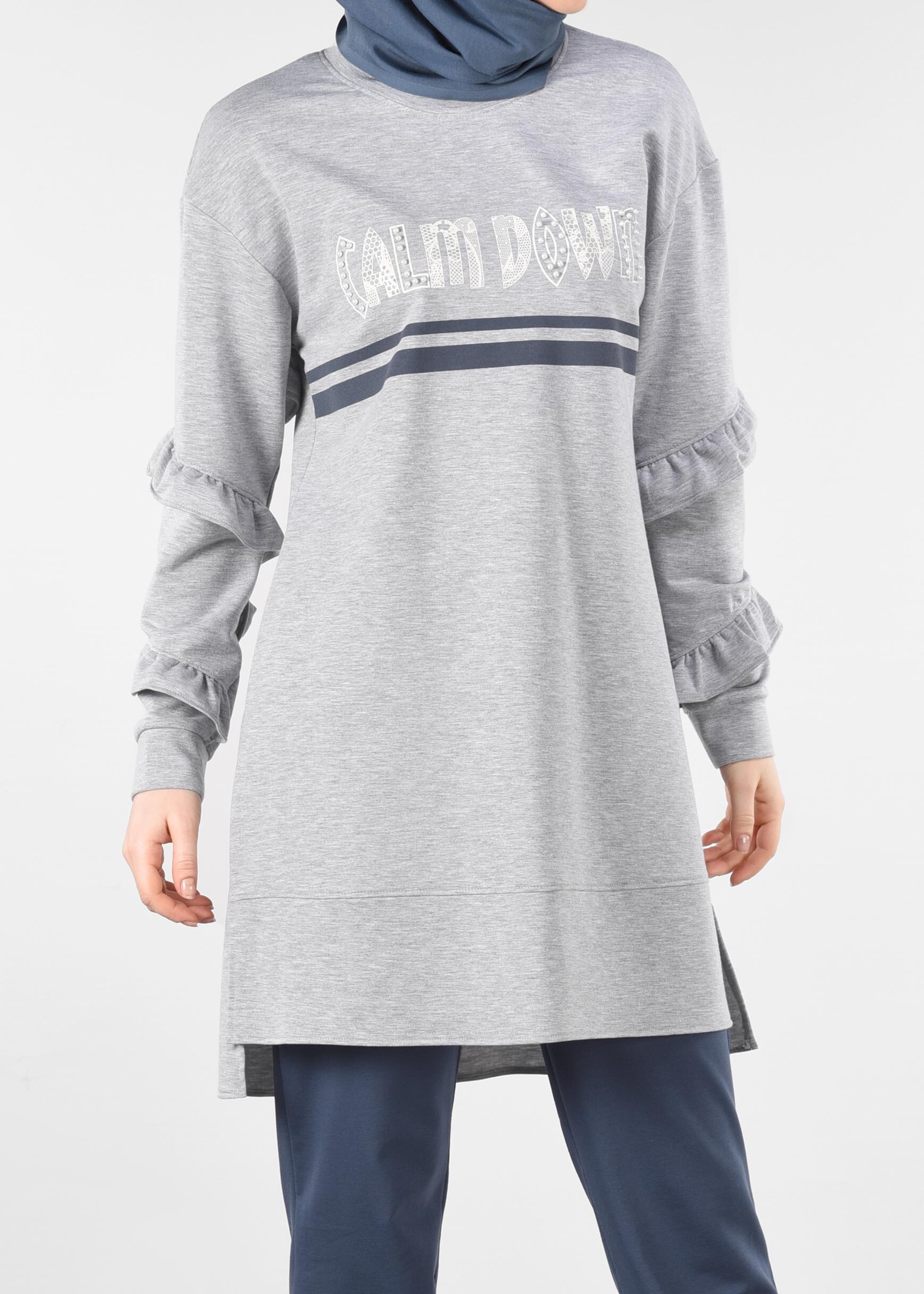 Tesettür giyim GRİ BONCUKLU BASKI DETAYLI 2&prime;Lİ EŞOFMAN TAKIM 4912 