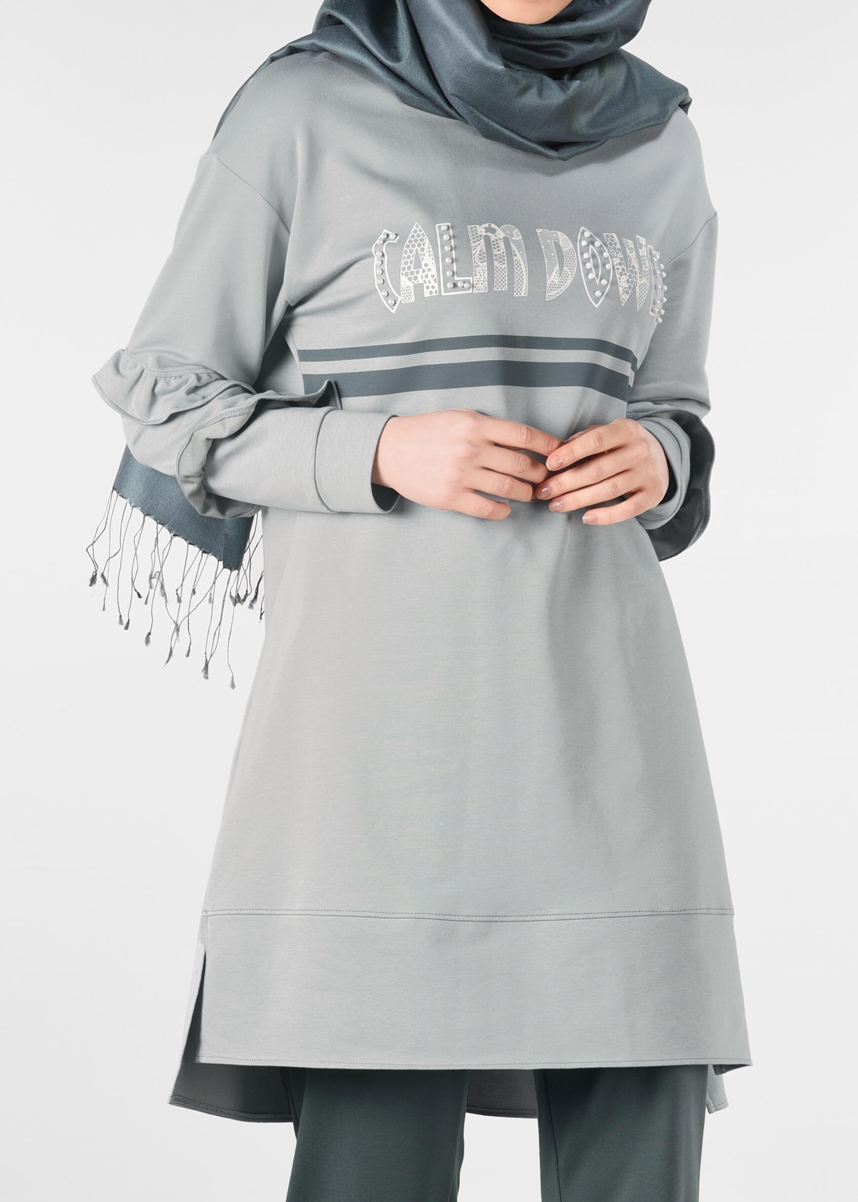 Tesettür giyim BEJ BONCUKLU BASKI DETAYLI 2&prime;Lİ EŞOFMAN TAKIM 4912 