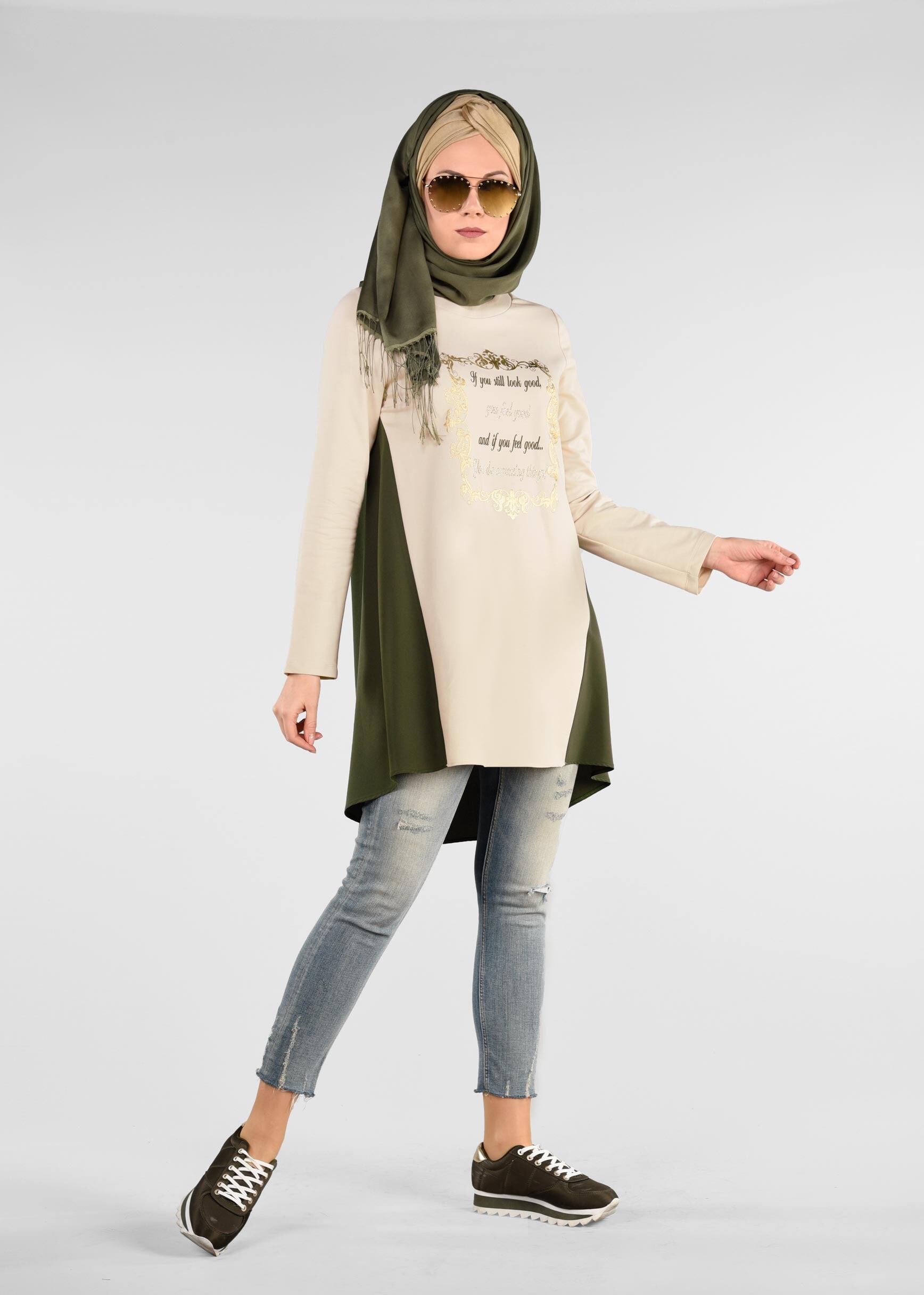 Tesettür giyim BEJ İKİ RENKLİ EŞOFMAN TUNİK 4914