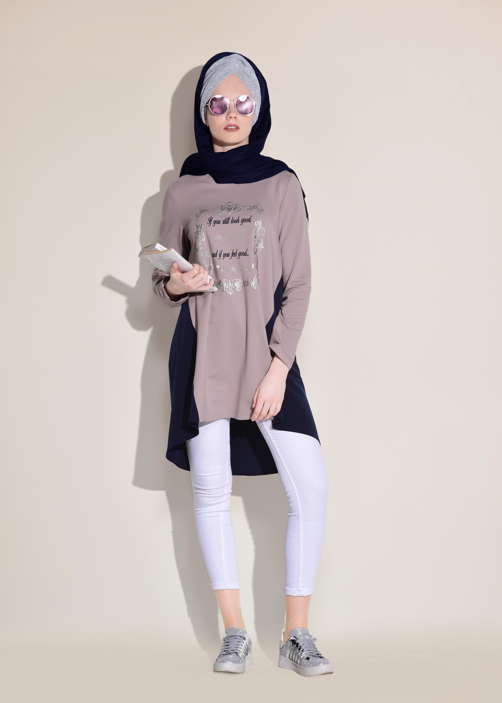 Tesettür giyim PUDRA İKİ RENKLİ EŞOFMAN TUNİK 4914