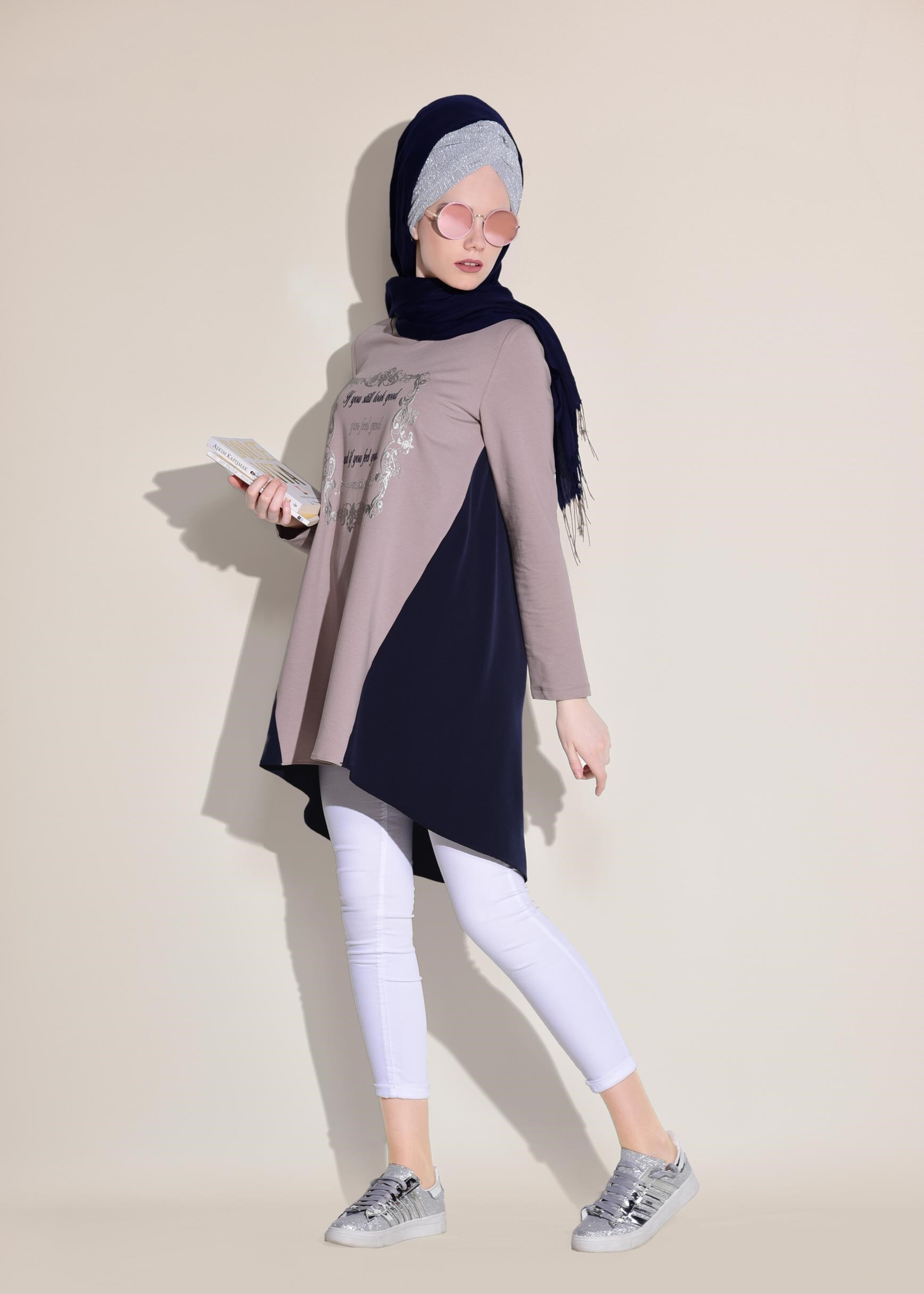 Tesettür giyim PUDRA İKİ RENKLİ EŞOFMAN TUNİK 4914