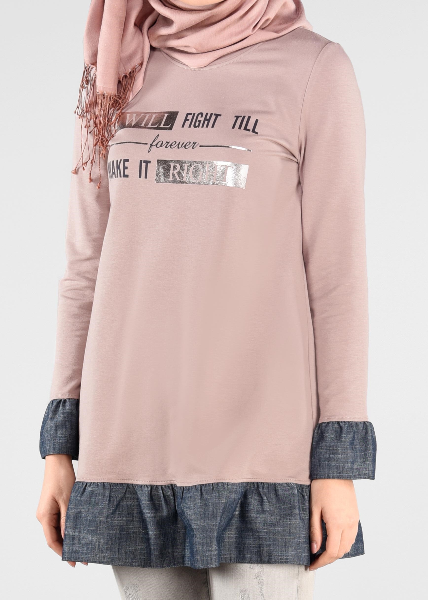 Tesettür giyim PUDRA ETEK UCU VE BİLEKLERİ FIRFIRLI EŞOFMAN TUNİK 4915