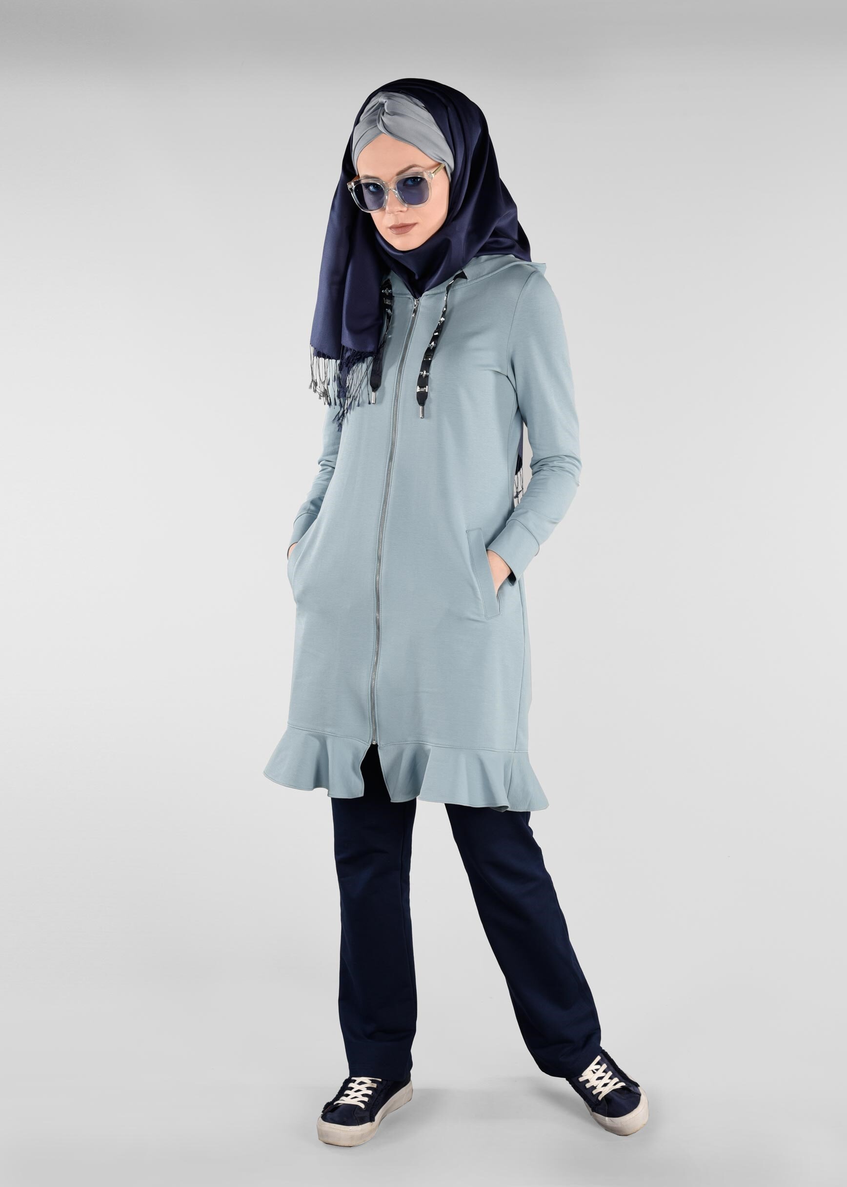 Tesettür giyim MAVİ ETEK UCU VOLANLI 2&prime;Lİ EŞOFMAN TAKIM 4917 