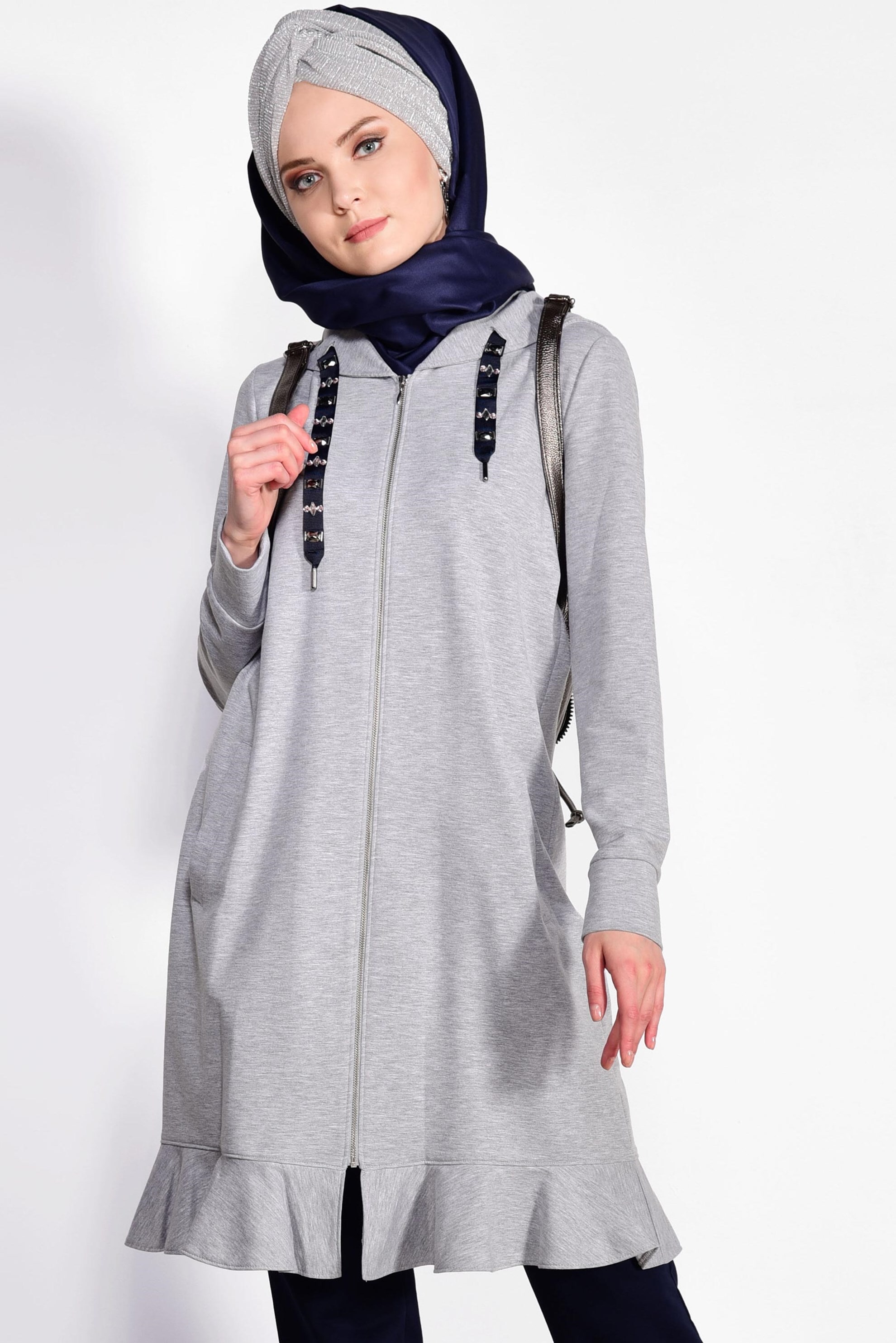Tesettür giyim GRİ ETEK UCU VOLANLI 2&prime;Lİ EŞOFMAN TAKIM 4917 