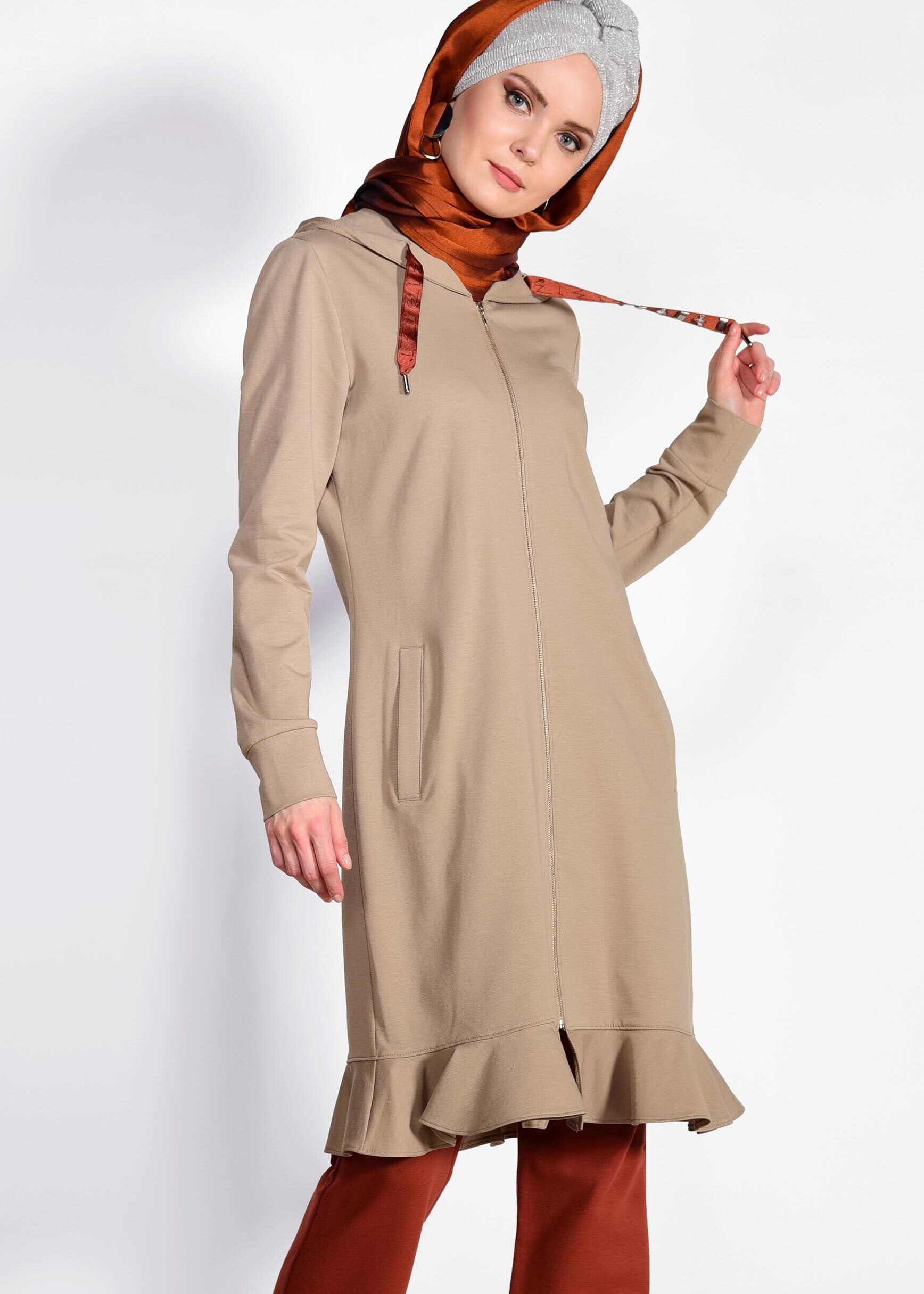 Tesettür giyim KAHVE ETEK UCU VOLANLI 2&prime;Lİ EŞOFMAN TAKIM 4917 
