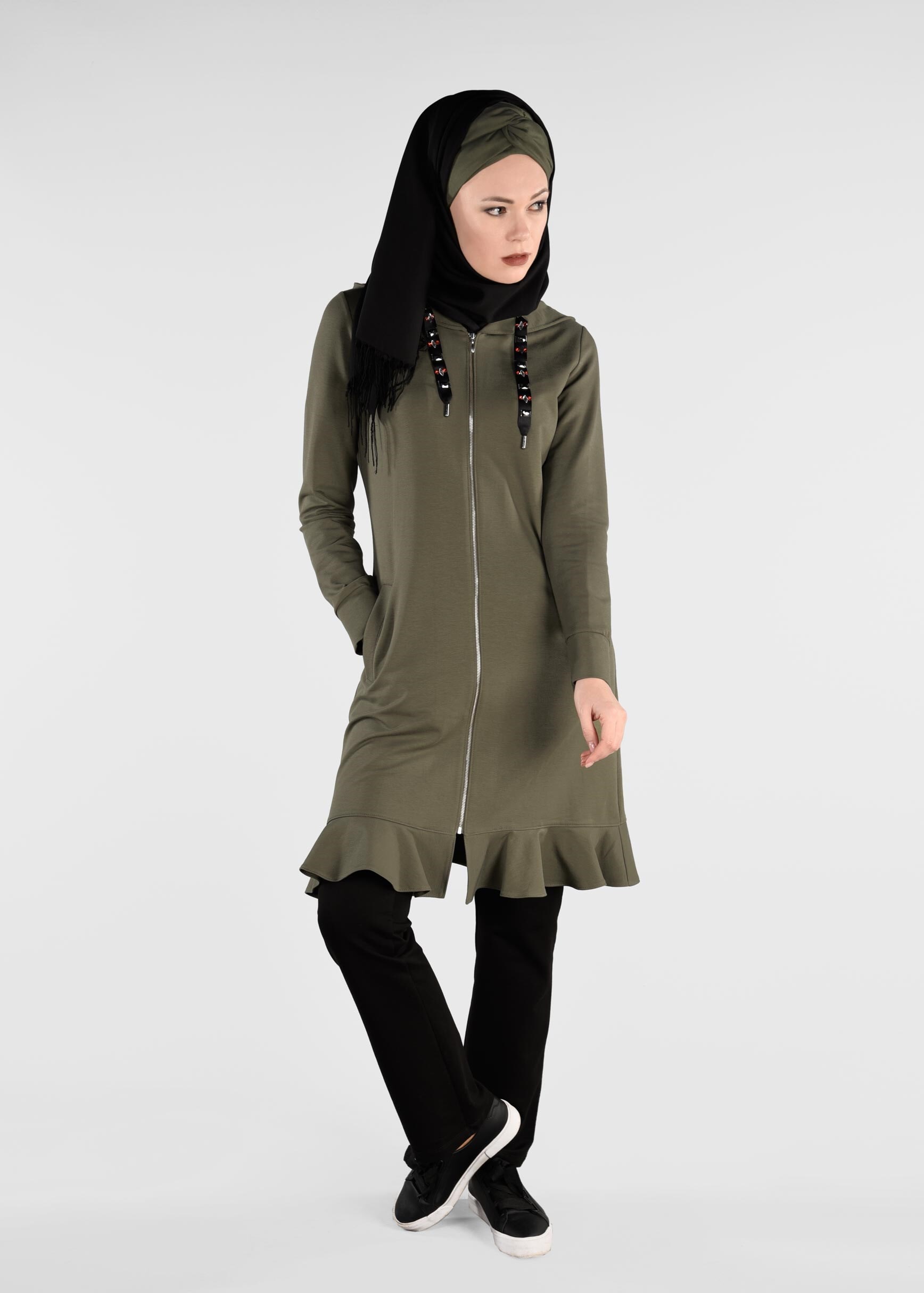 Tesettür giyim HAKİ ETEK UCU VOLANLI 2&prime;Lİ EŞOFMAN TAKIM 4917 